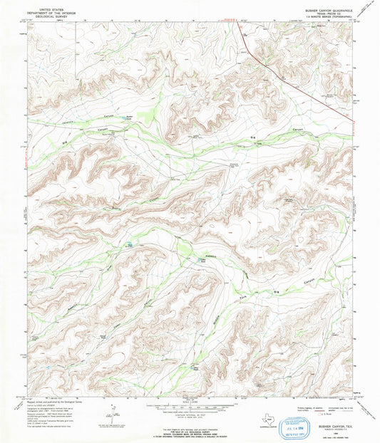 Classic USGS Busher Canyon Texas 7.5'x7.5' Topo Map Image