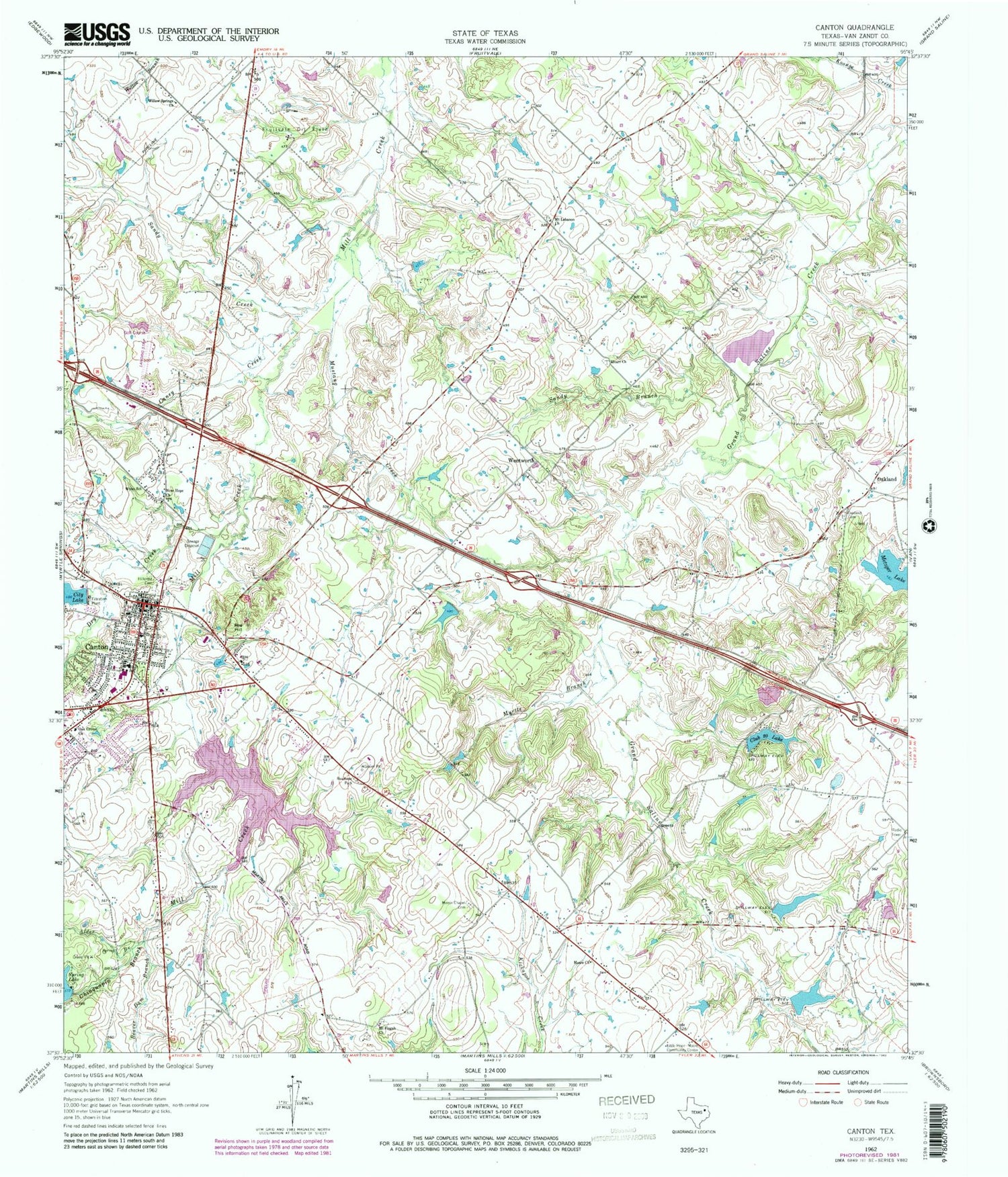 Classic USGS Canton Texas 7.5'x7.5' Topo Map Image