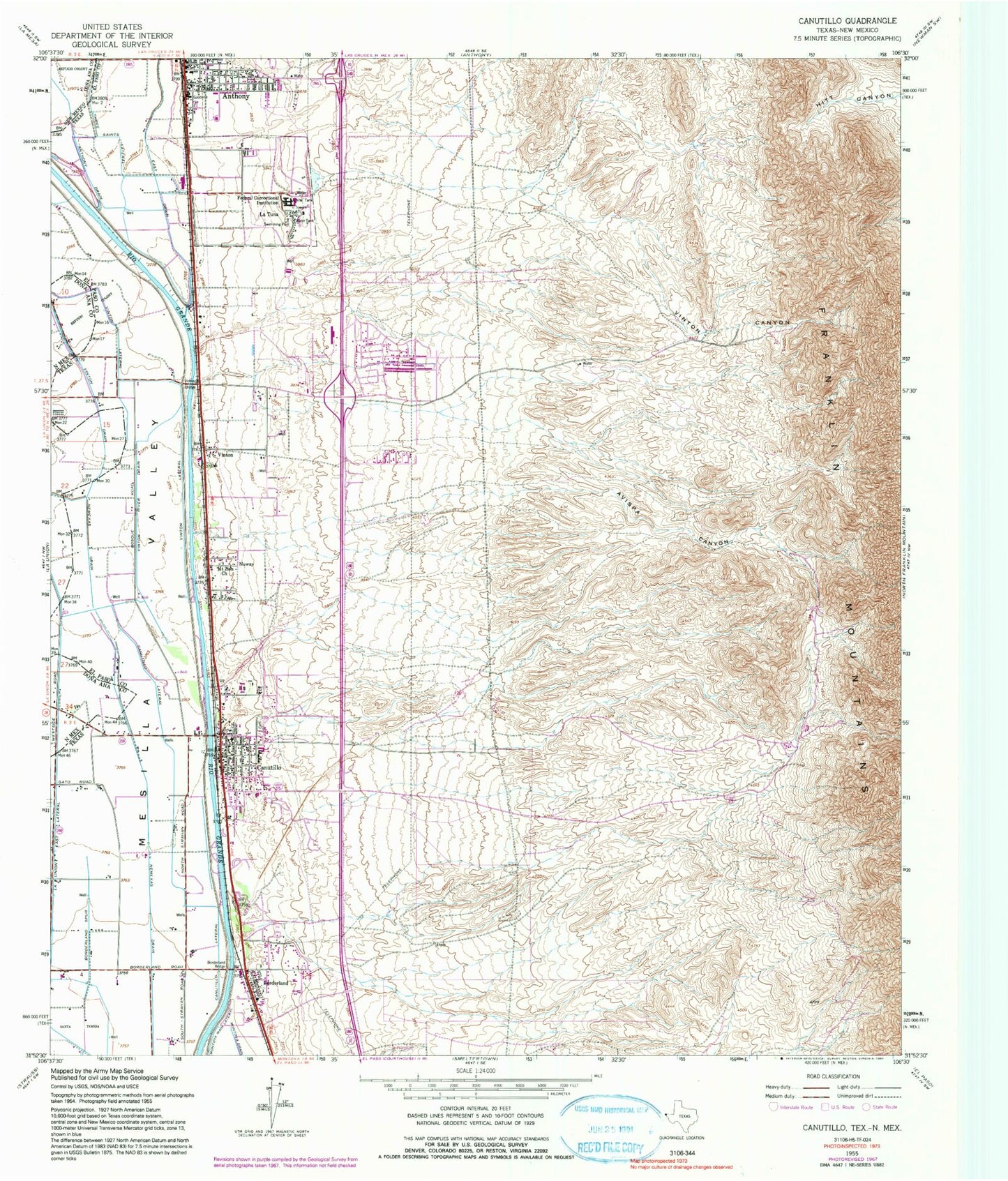 Classic USGS Canutillo Texas 7.5'x7.5' Topo Map Image