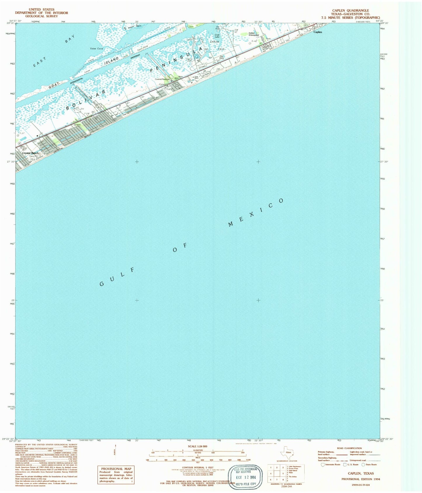 Classic USGS Caplen Texas 7.5'x7.5' Topo Map Image