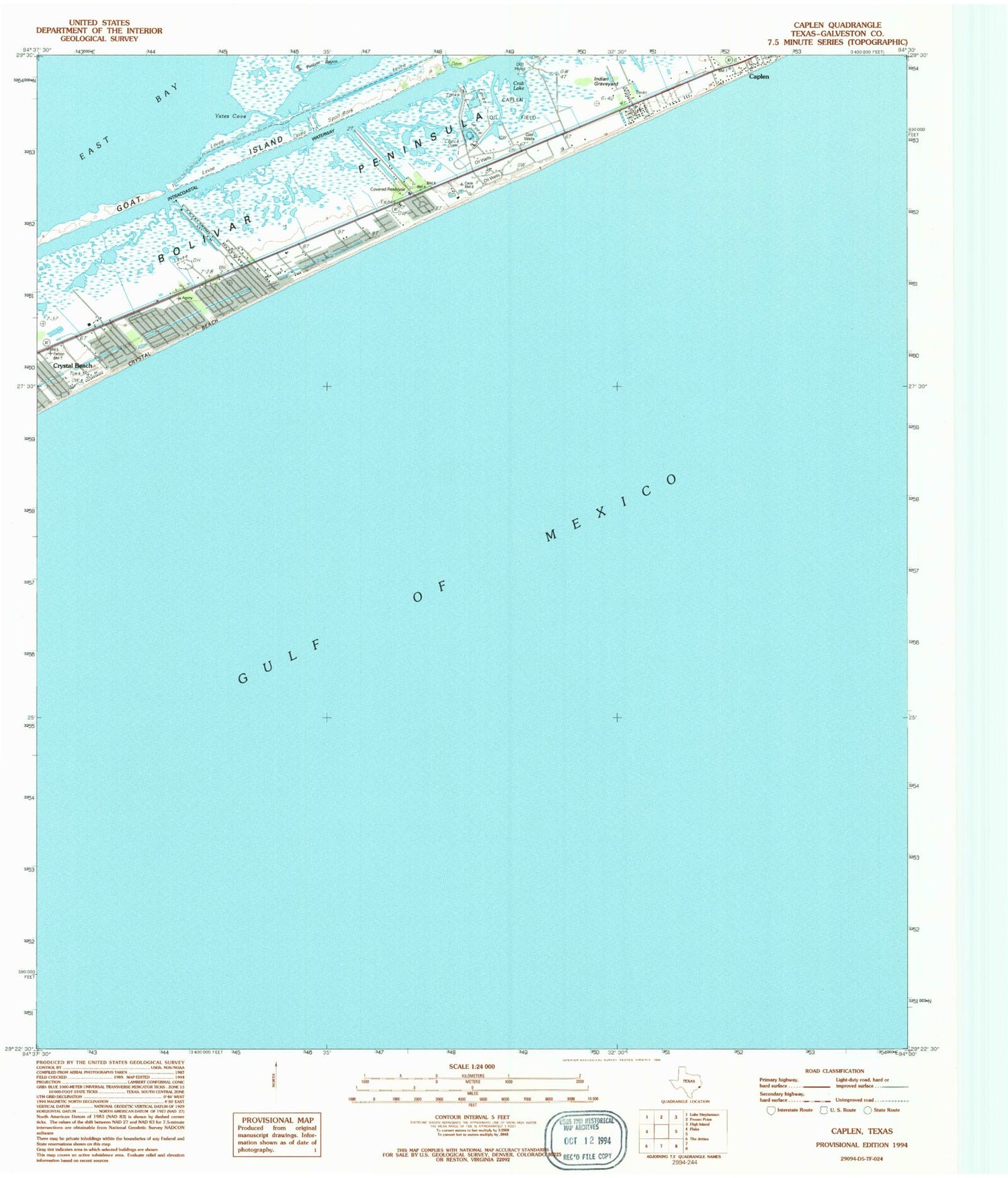 Classic USGS Caplen Texas 7.5'x7.5' Topo Map Image