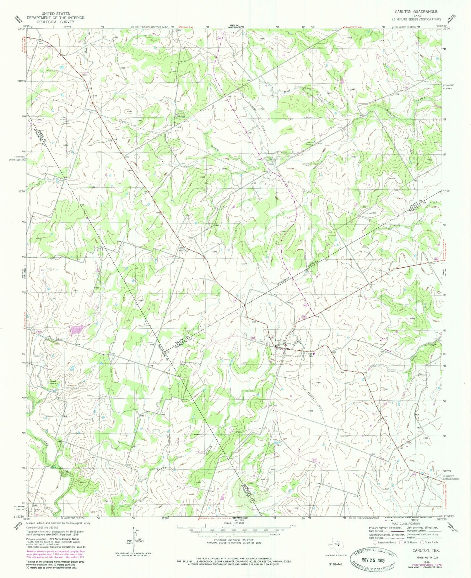 Classic USGS Carlton Texas 7.5'x7.5' Topo Map Image
