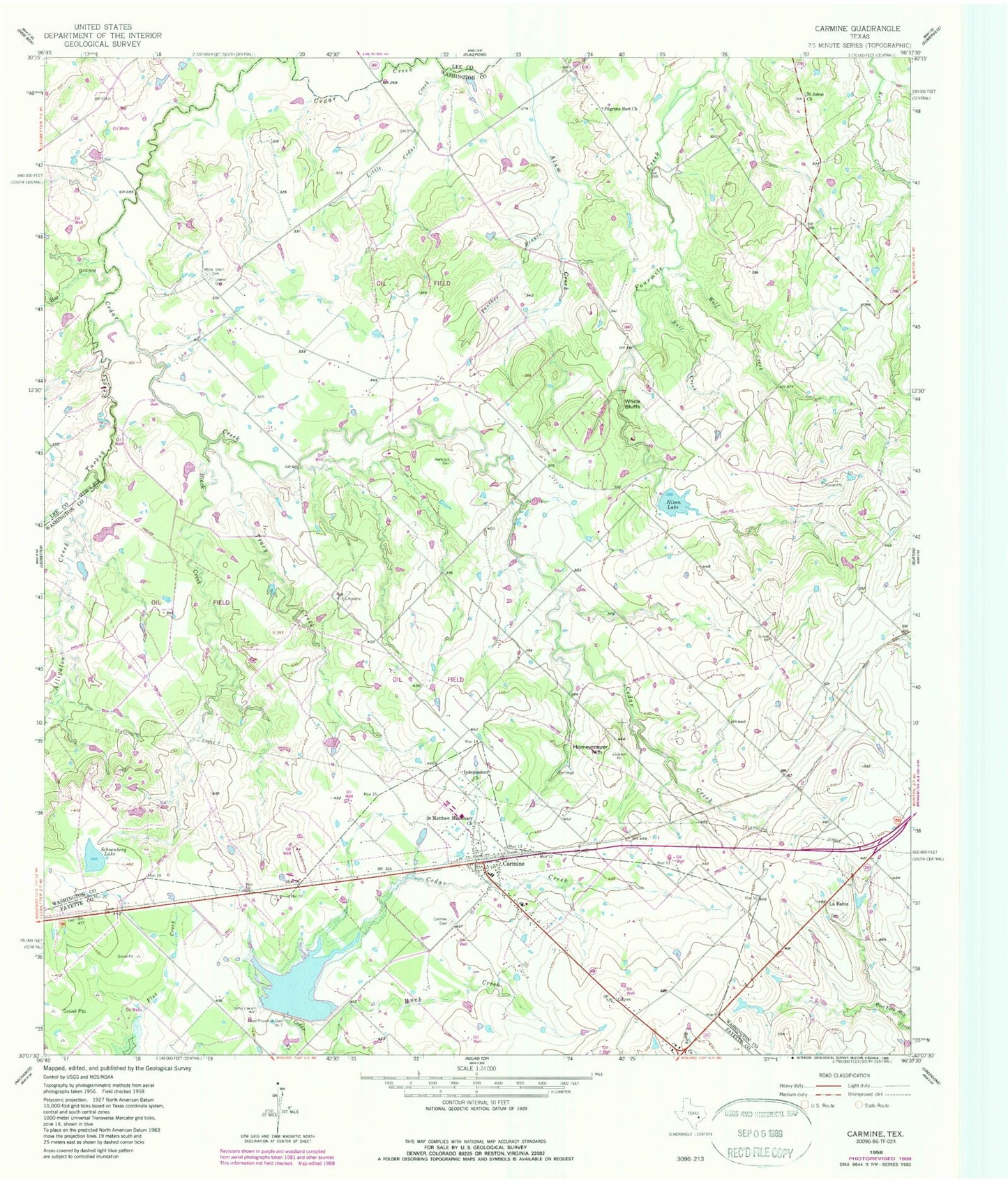 Classic USGS Carmine Texas 7.5'x7.5' Topo Map Image