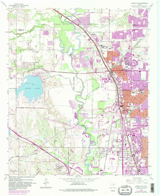 Classic USGS Carrollton Texas 7.5'x7.5' Topo Map Image