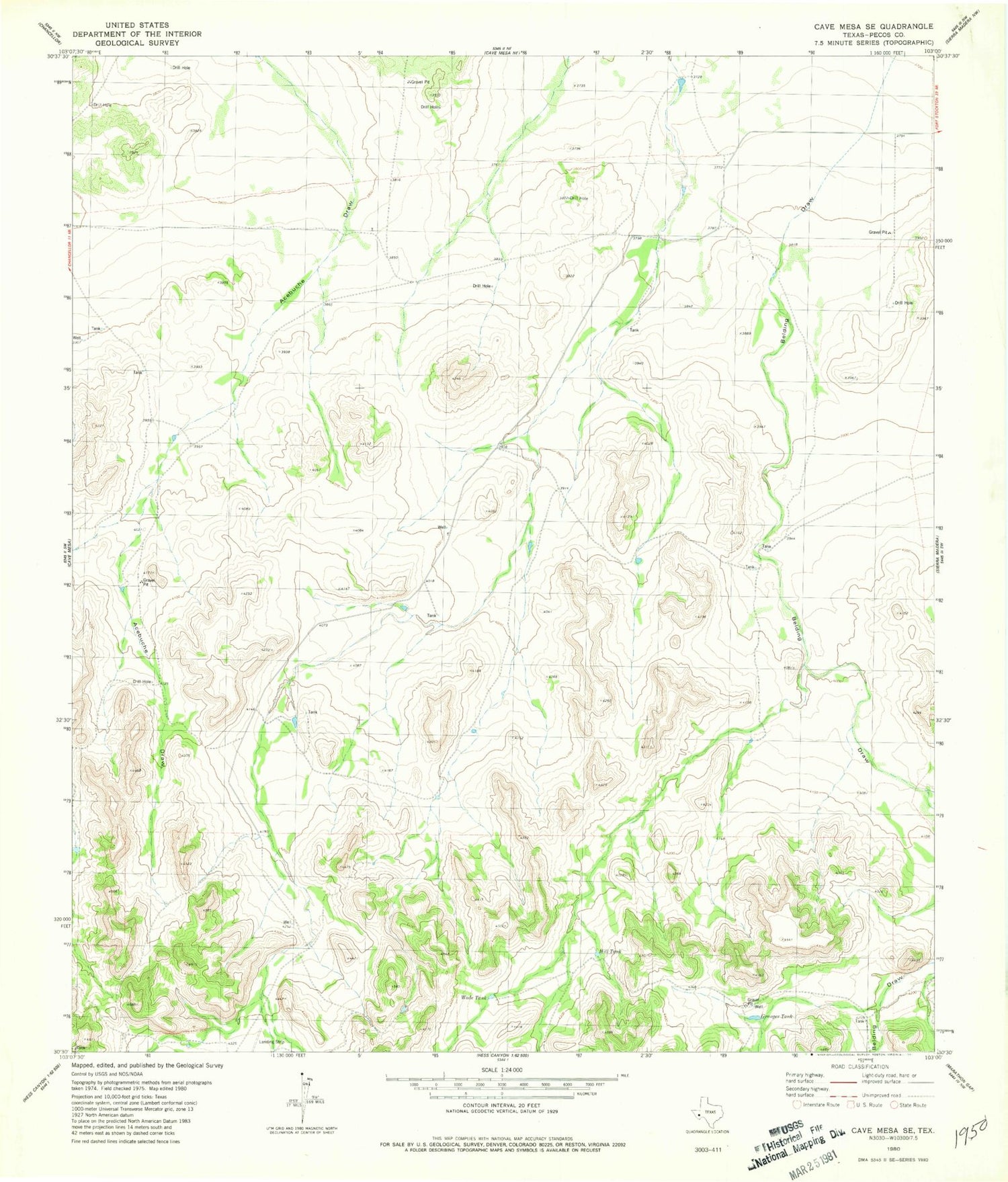 Classic USGS Cave Mesa SE Texas 7.5'x7.5' Topo Map Image