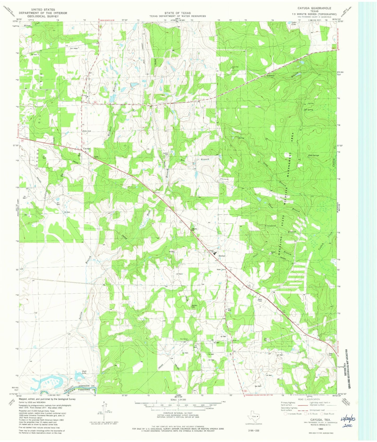 Classic USGS Cayuga Texas 7.5'x7.5' Topo Map Image