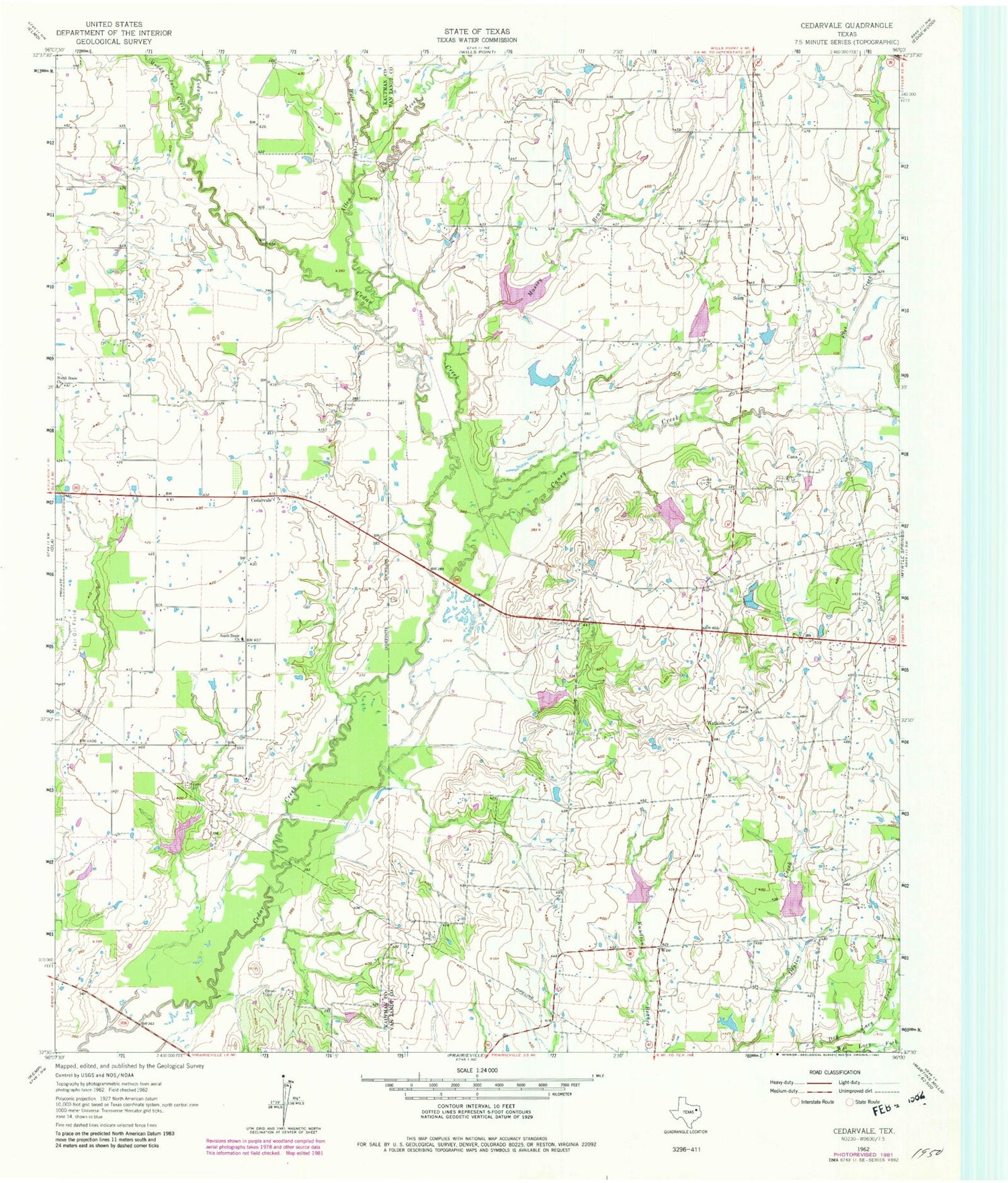 Classic USGS Cedarvale Texas 7.5'x7.5' Topo Map Image
