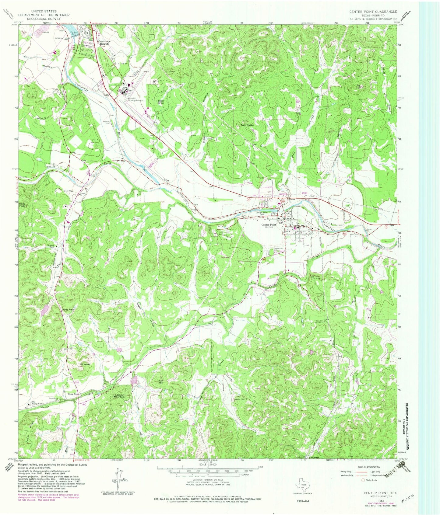 Classic USGS Center Point Texas 7.5'x7.5' Topo Map Image
