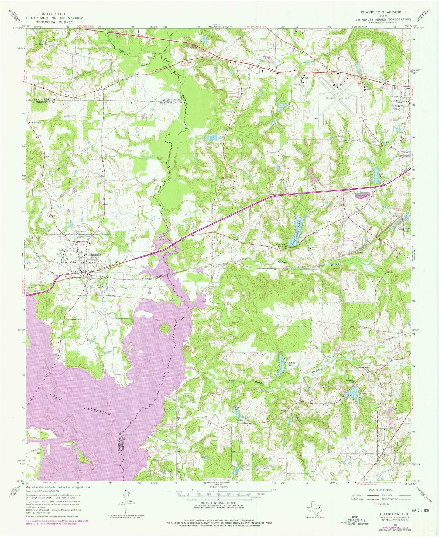 Classic USGS Chandler Texas 7.5'x7.5' Topo Map Image
