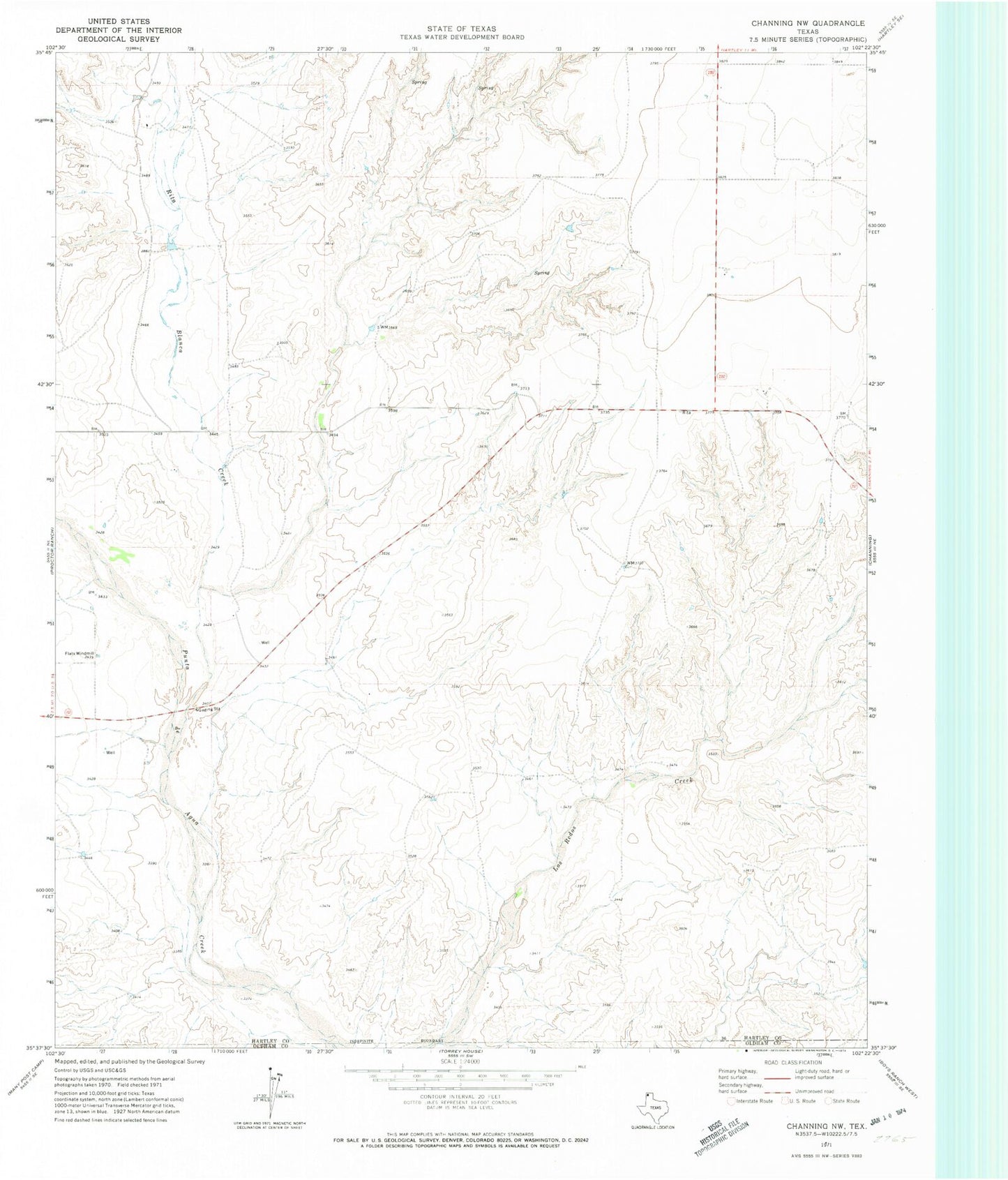 Classic USGS Channing NW Texas 7.5'x7.5' Topo Map Image