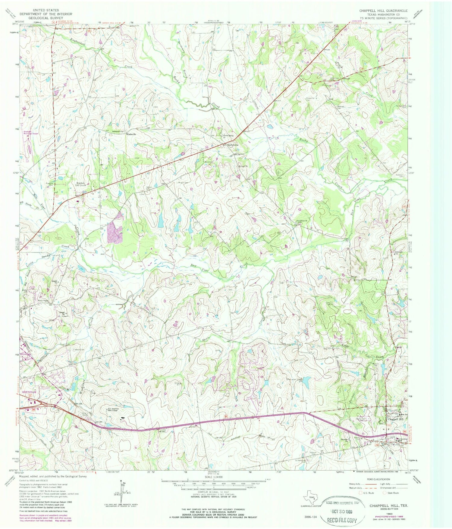 Classic USGS Chappell Hill Texas 7.5'x7.5' Topo Map Image