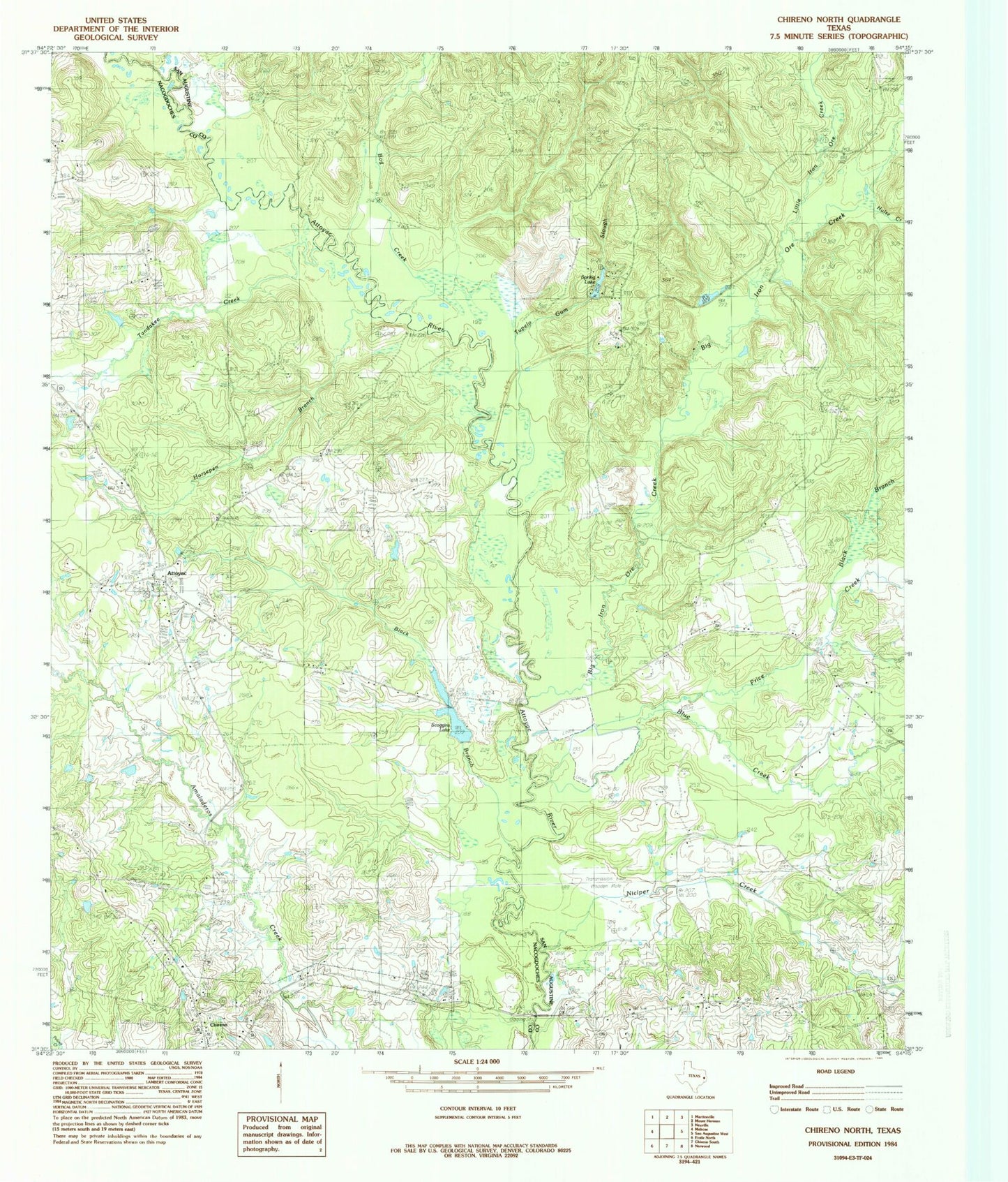 Classic USGS Chireno North Texas 7.5'x7.5' Topo Map Image