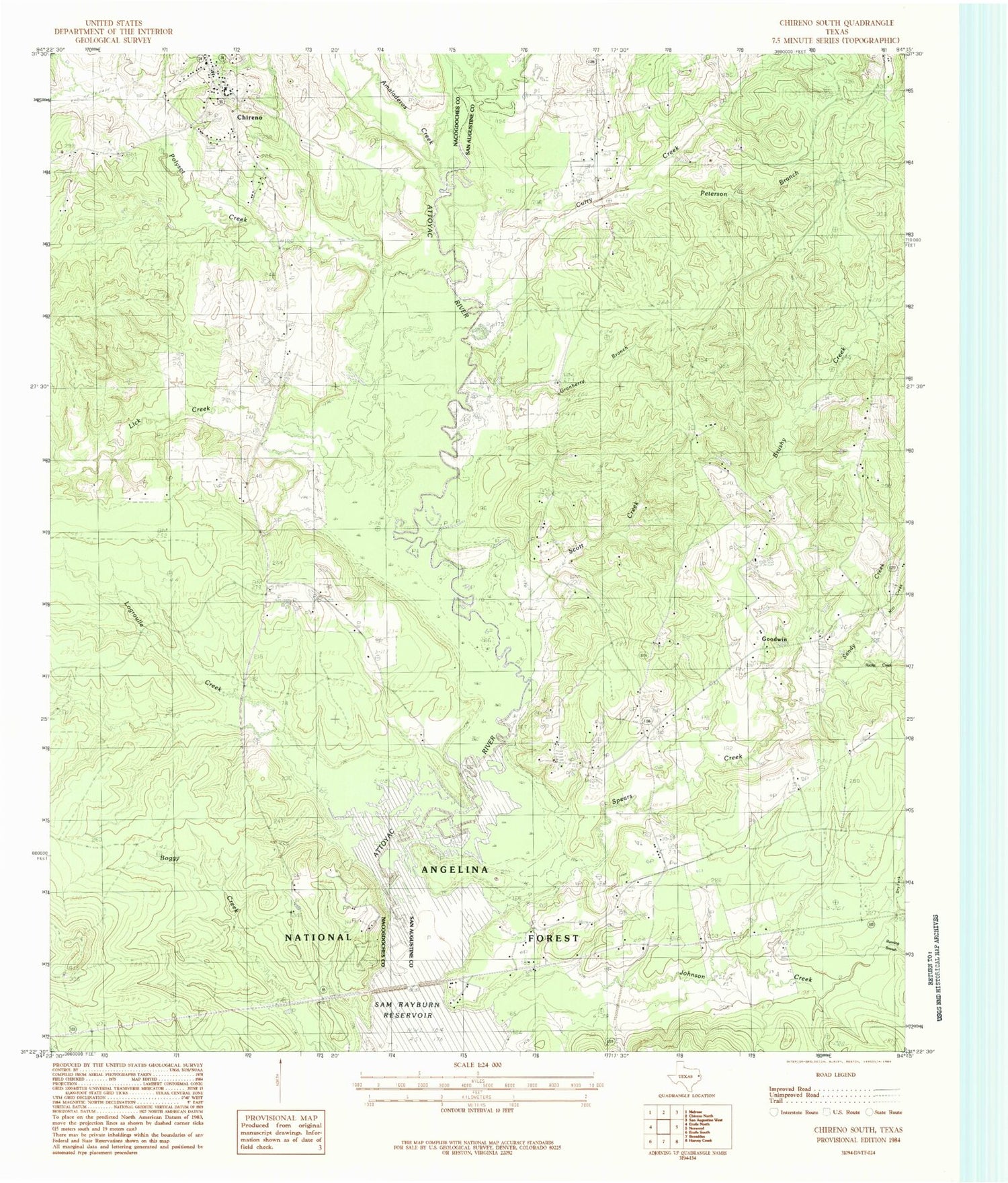 Classic USGS Chireno South Texas 7.5'x7.5' Topo Map Image