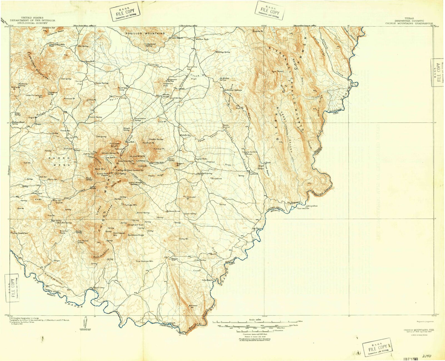 Historic 1905 Chisos Mountains Texas 30'x30' Topo Map Image