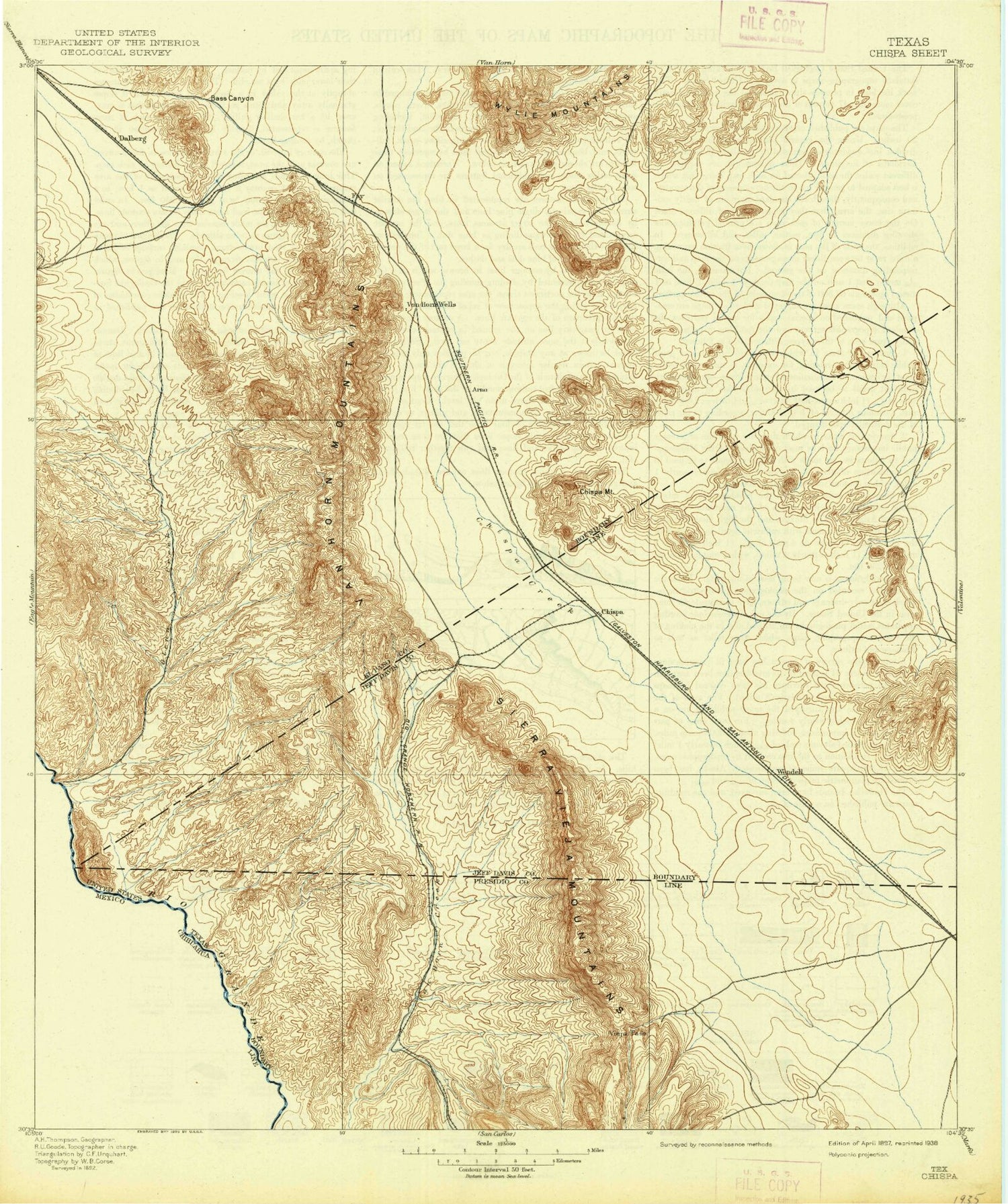 Historic 1897 Chispa Texas 30'x30' Topo Map Image