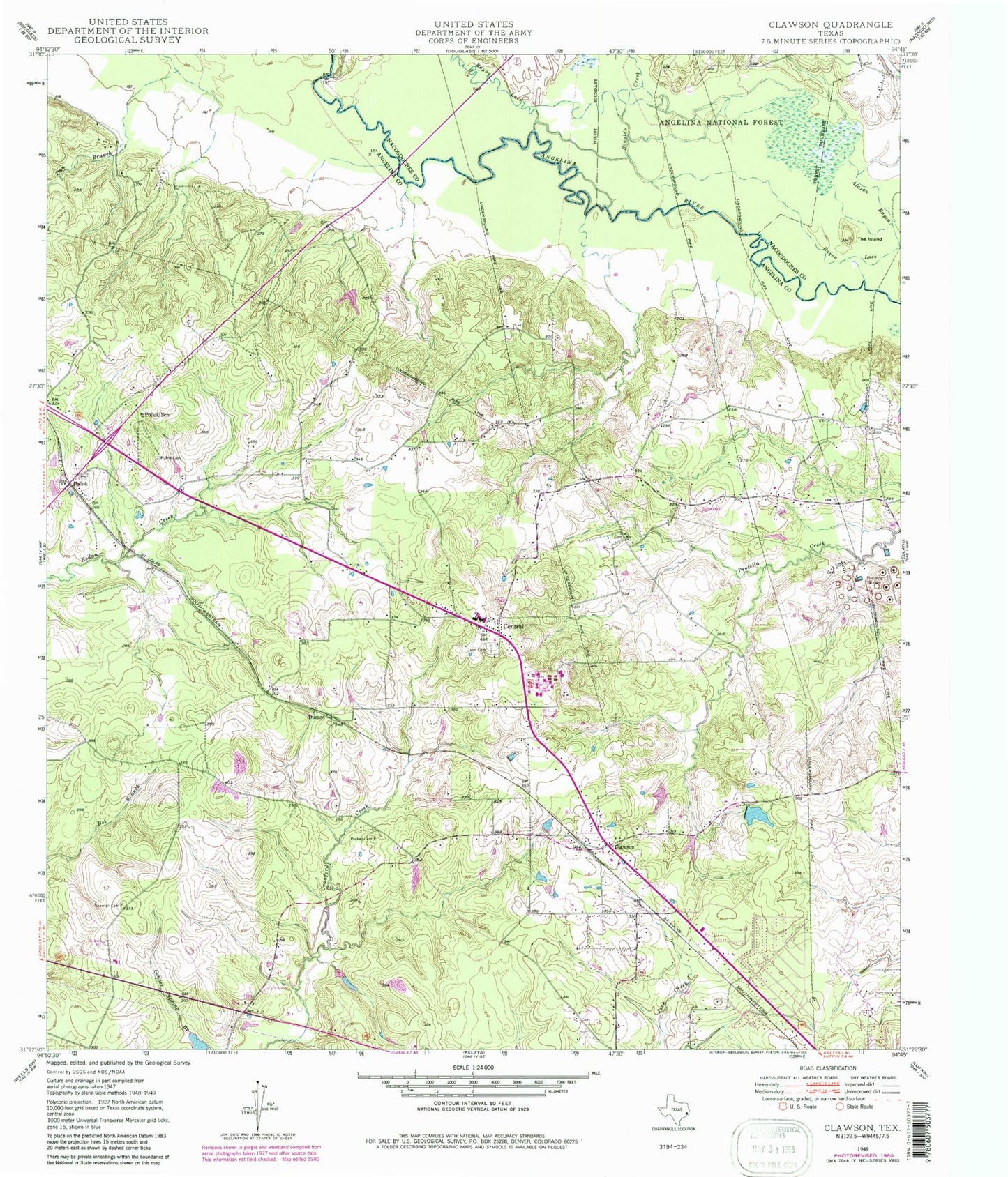 Classic USGS Clawson Texas 7.5'x7.5' Topo Map Image