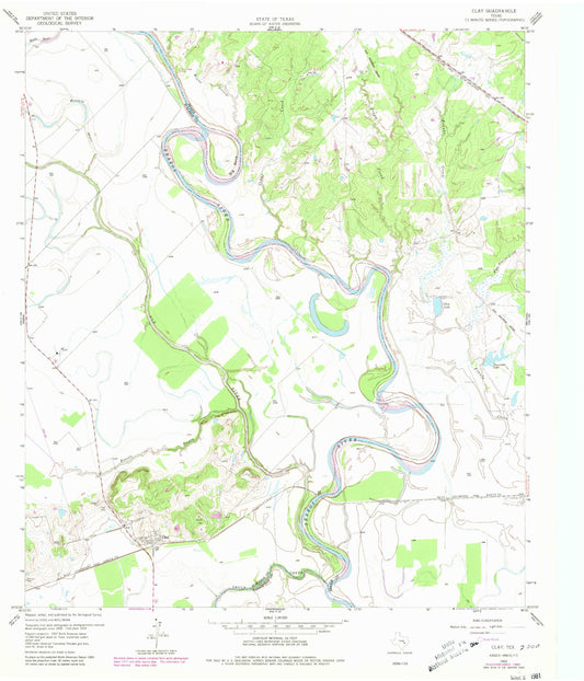 Classic USGS Clay Texas 7.5'x7.5' Topo Map Image
