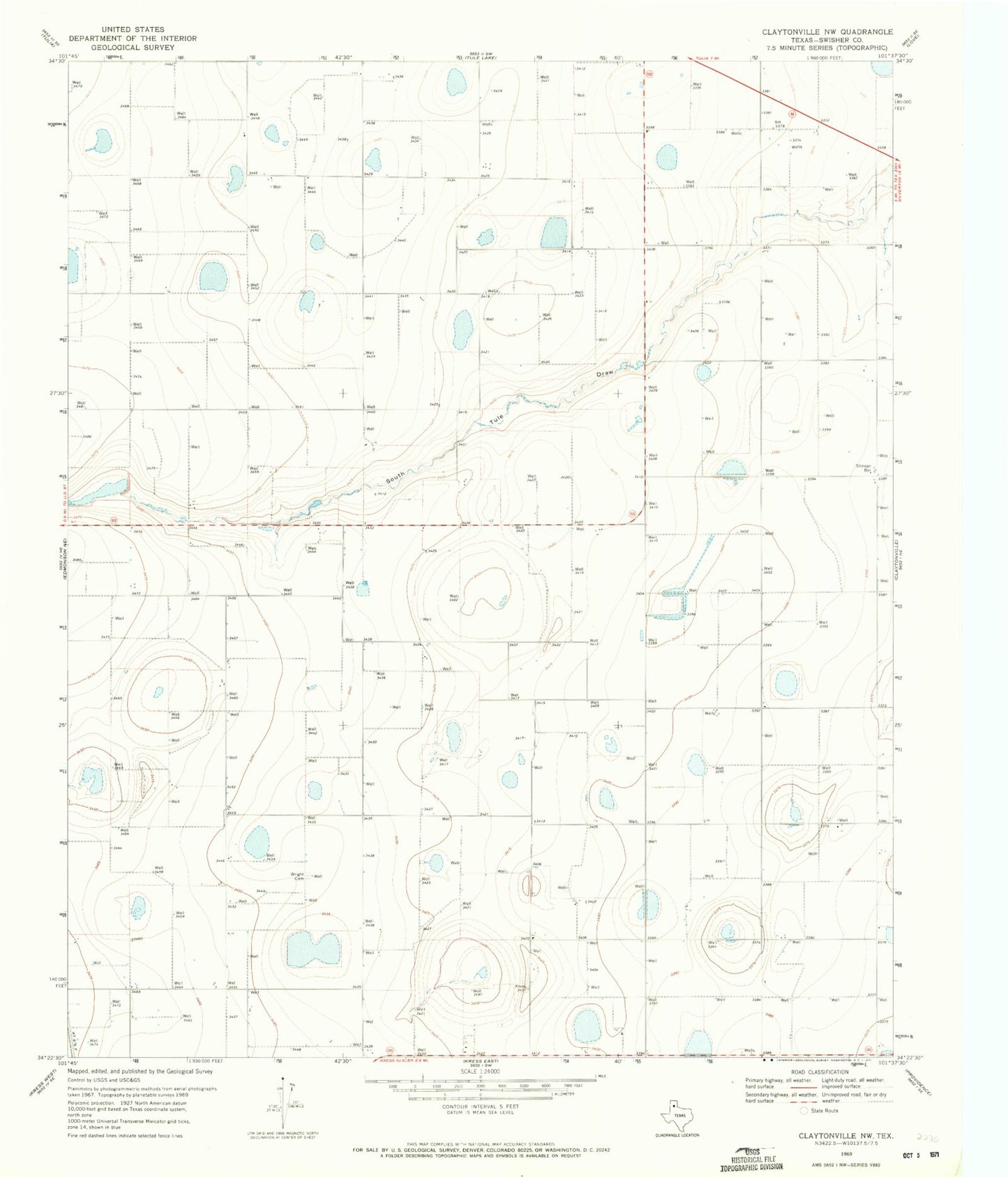 Classic USGS Claytonville NW Texas 7.5'x7.5' Topo Map Image