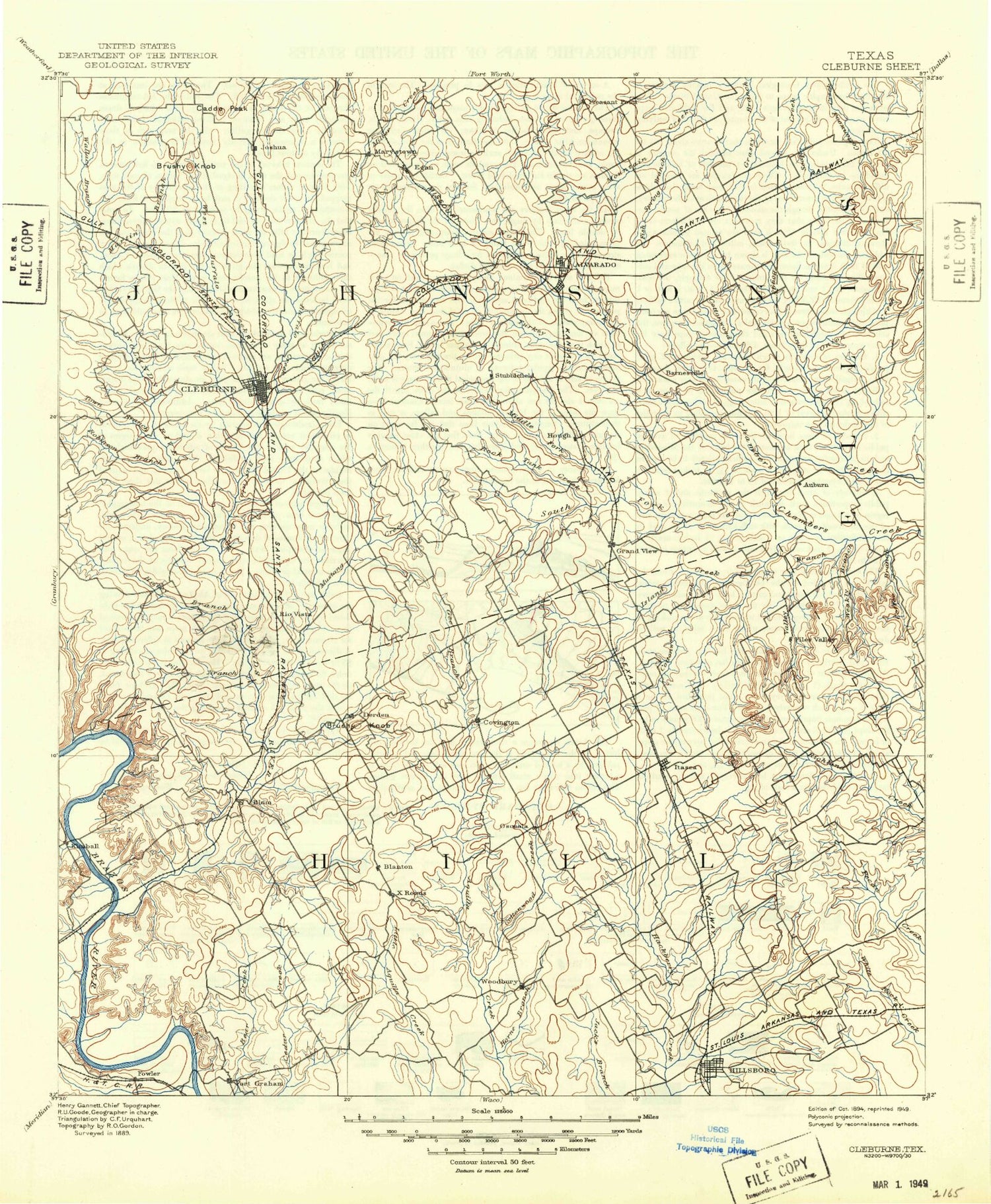 Historic 1894 Cleburne Texas 30'x30' Topo Map Image