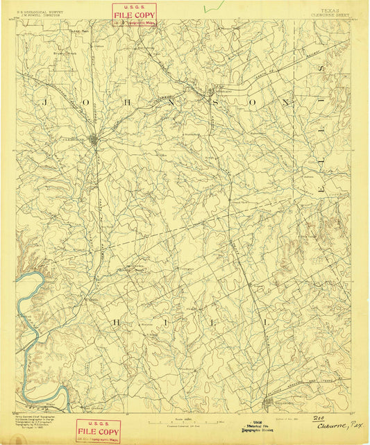 Historic 1891 Cleburne Texas 30'x30' Topo Map Image