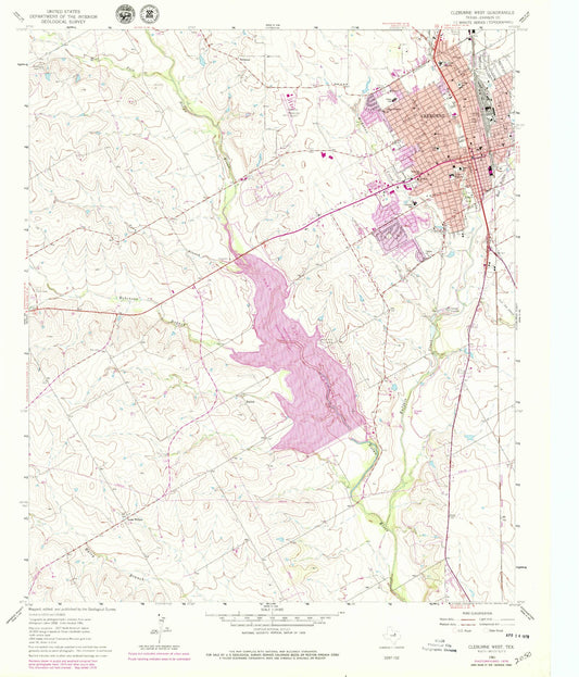 Classic USGS Cleburne West Texas 7.5'x7.5' Topo Map Image
