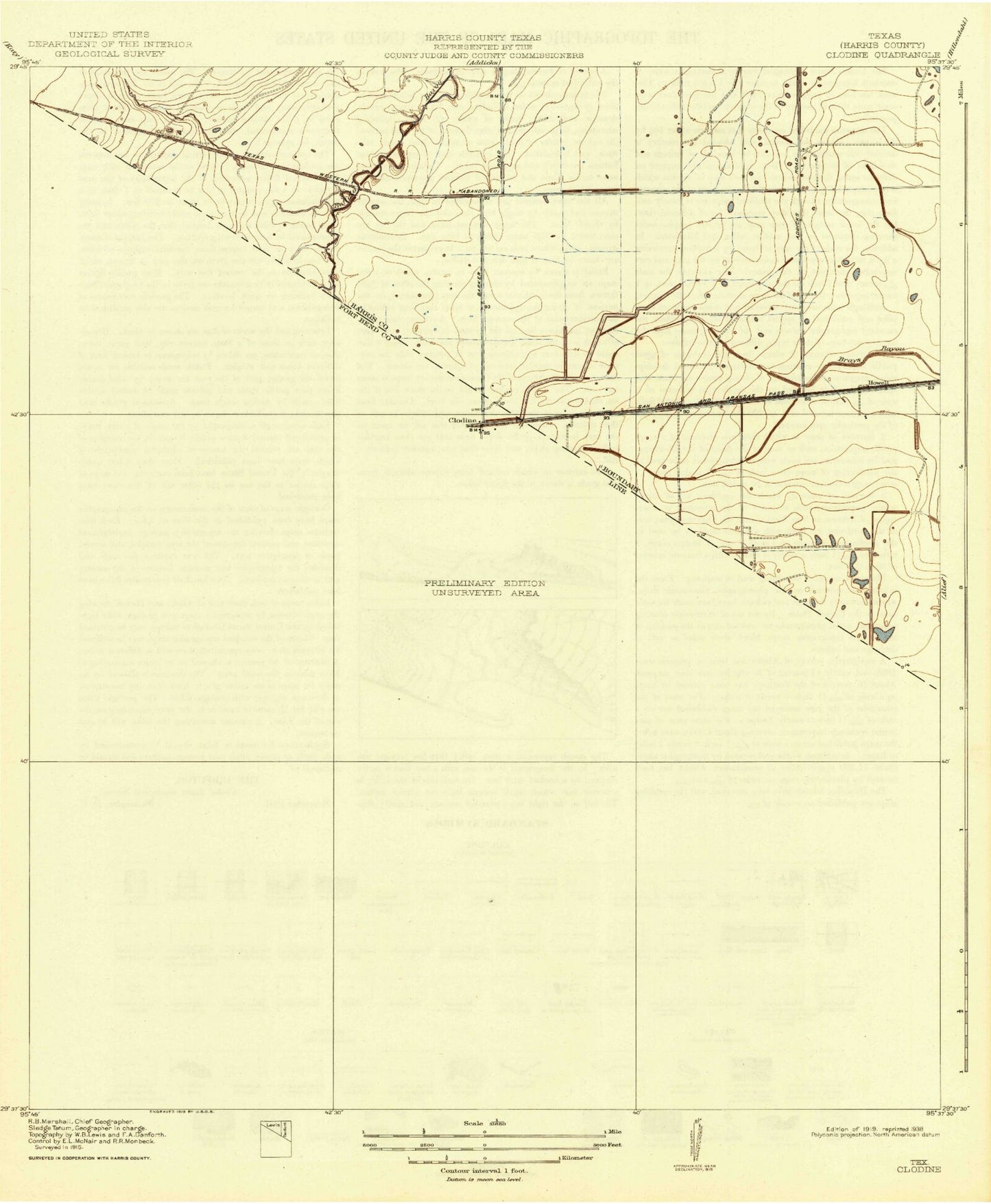 Classic USGS Clodine Texas 7.5'x7.5' Topo Map Image