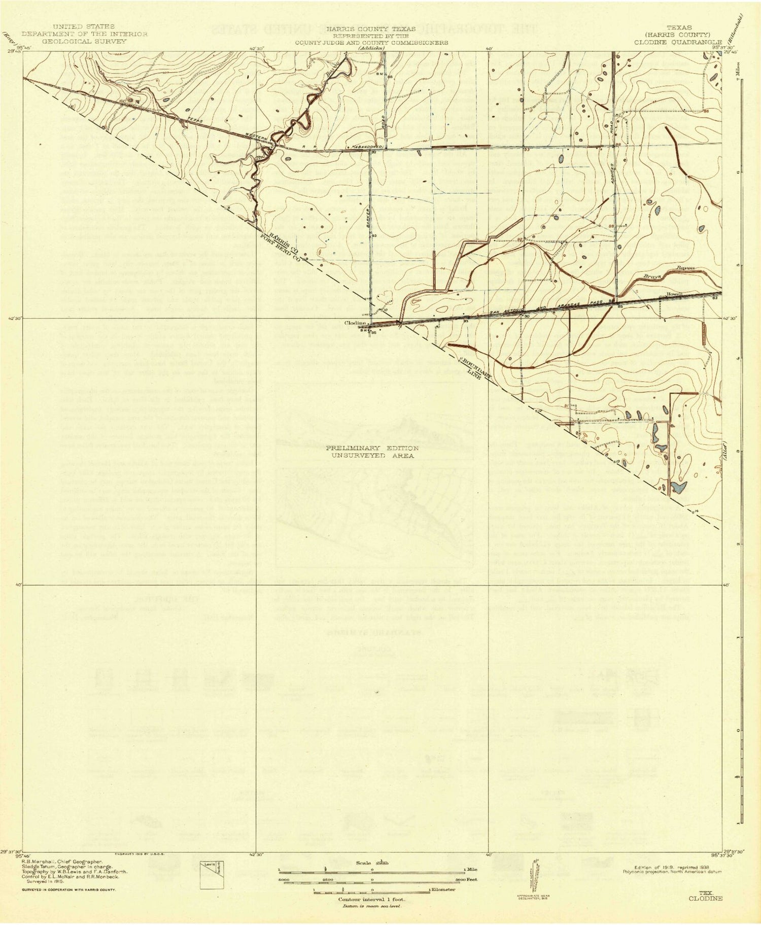 Classic USGS Clodine Texas 7.5'x7.5' Topo Map Image