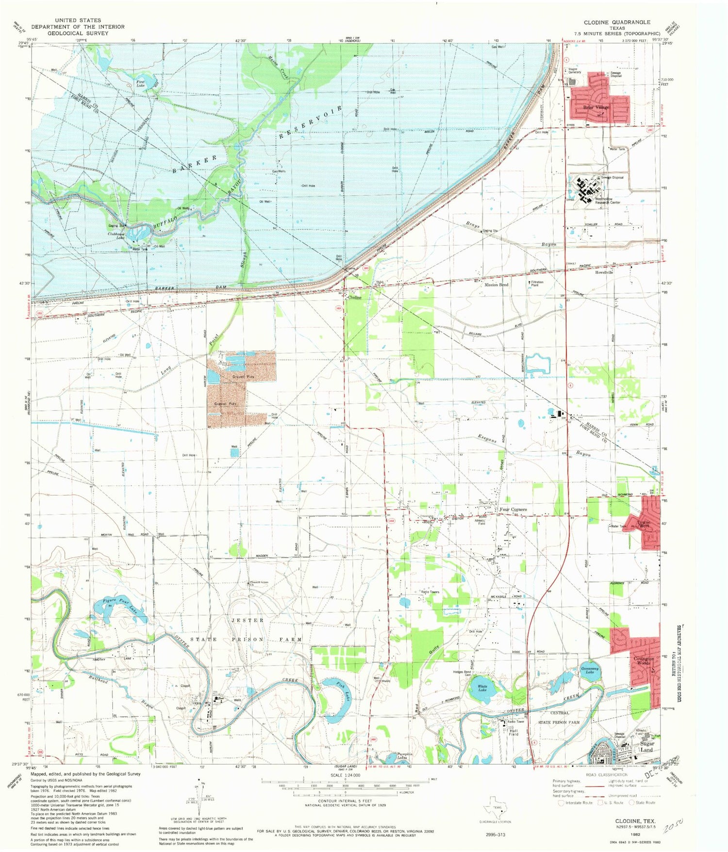 Classic USGS Clodine Texas 7.5'x7.5' Topo Map Image
