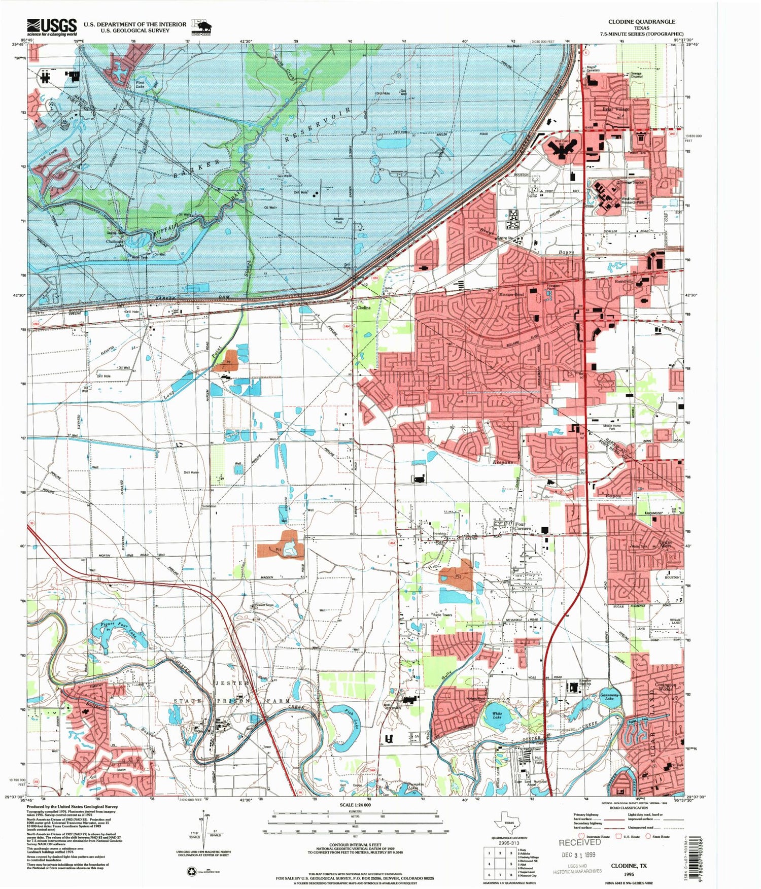 Classic USGS Clodine Texas 7.5'x7.5' Topo Map Image