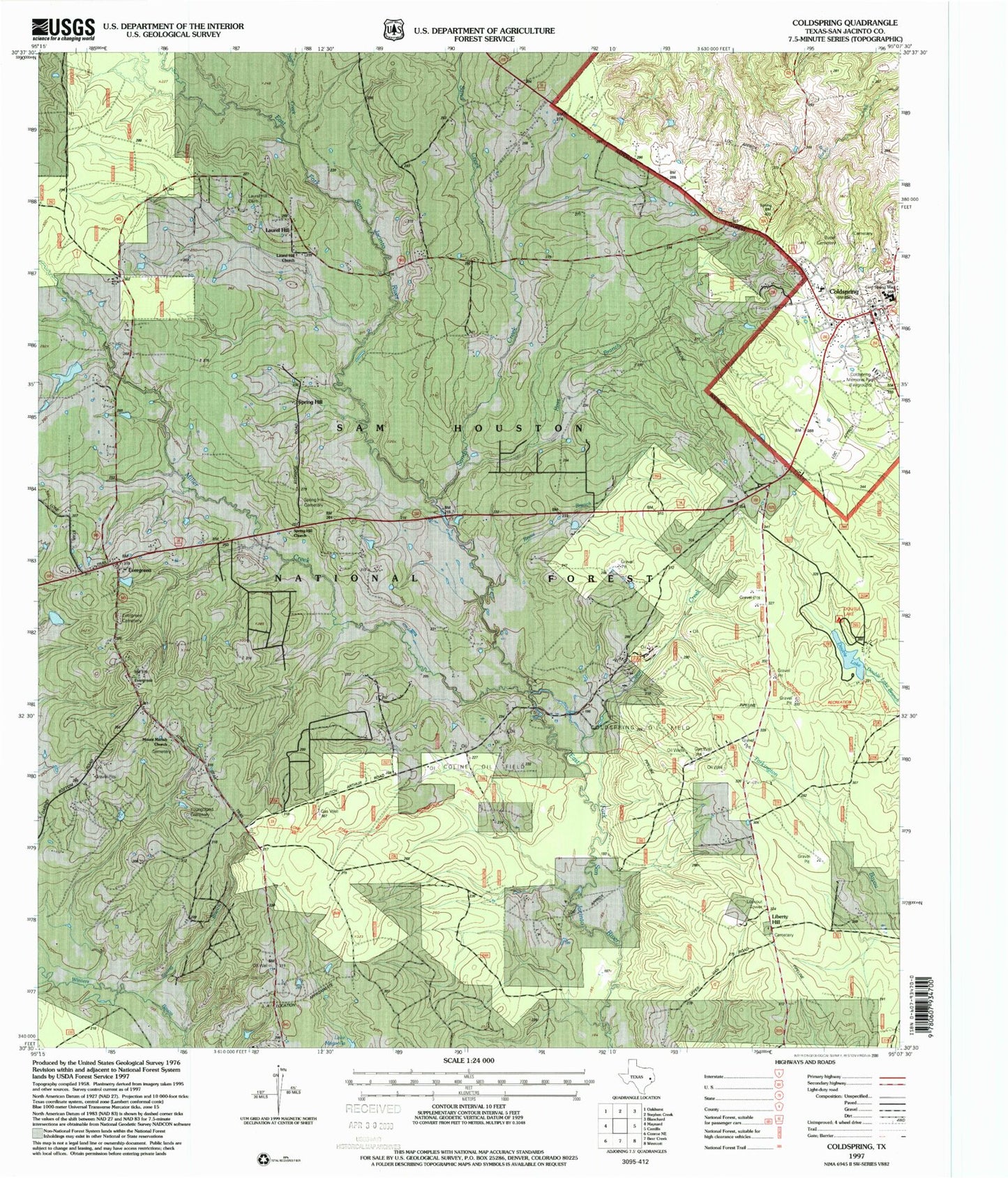 Classic USGS Coldspring Texas 7.5'x7.5' Topo Map Image