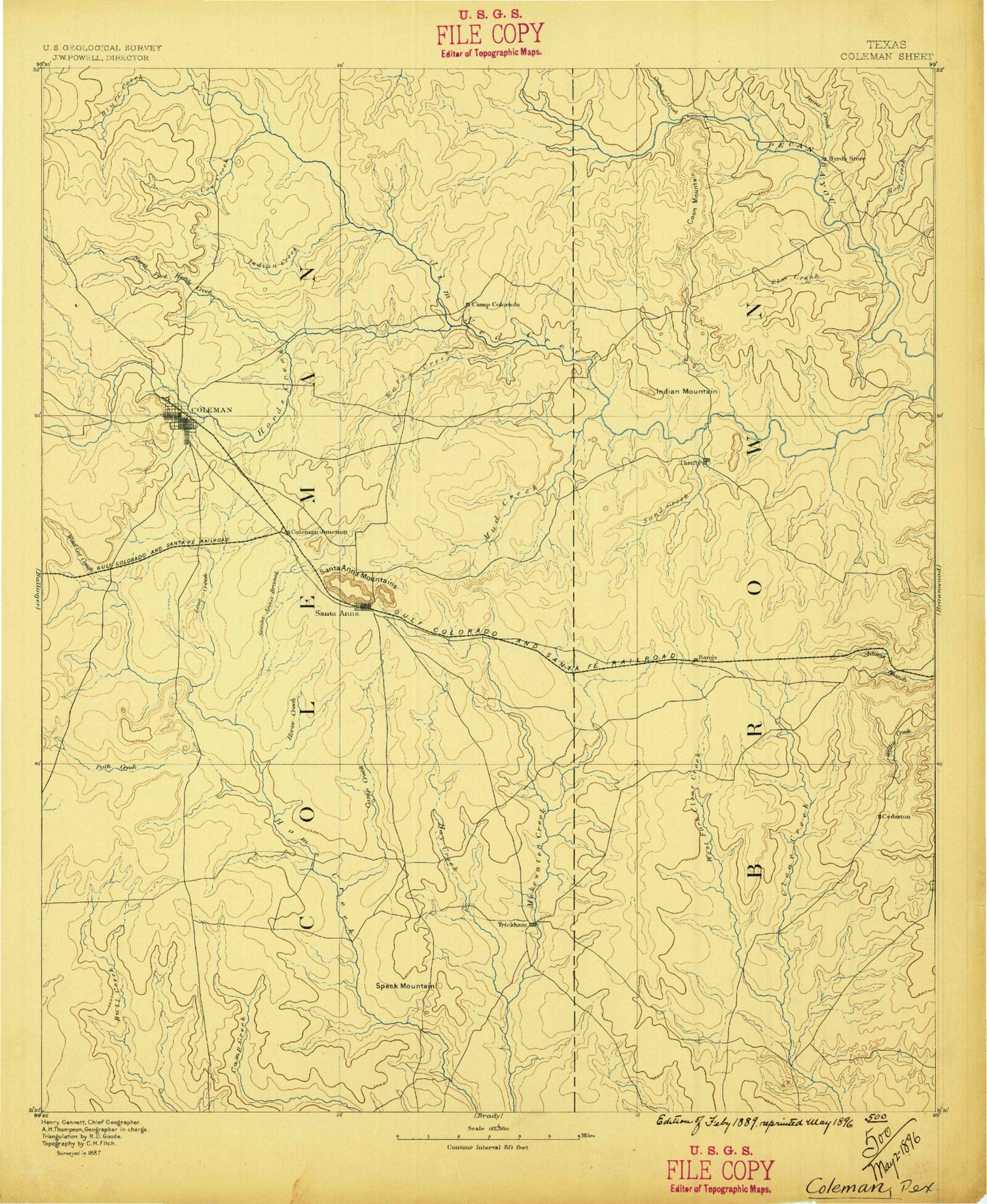 Historic 1887 Coleman Texas 30'x30' Topo Map Image