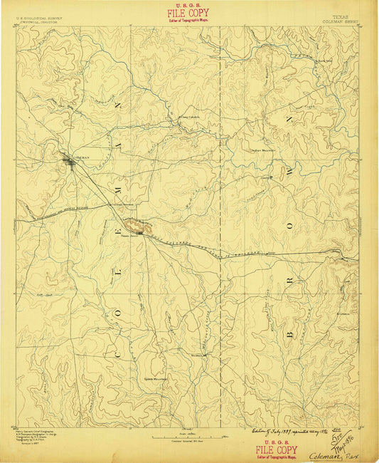 Historic 1887 Coleman Texas 30'x30' Topo Map Image