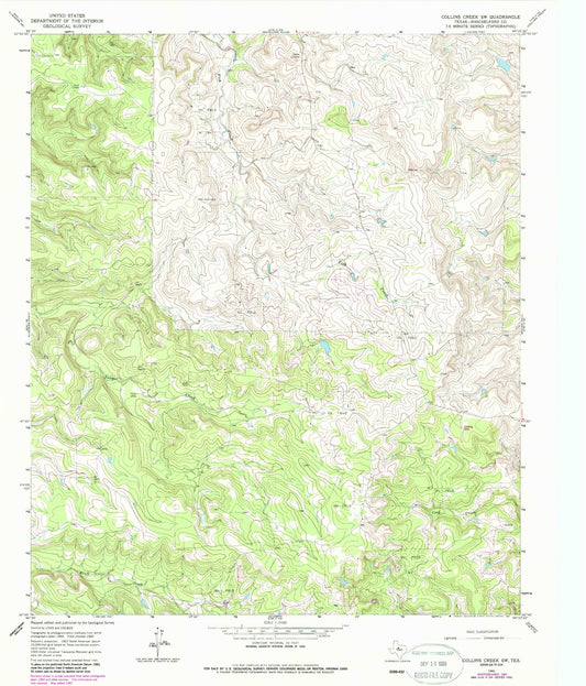 Classic USGS Collins Creek SW Texas 7.5'x7.5' Topo Map Image