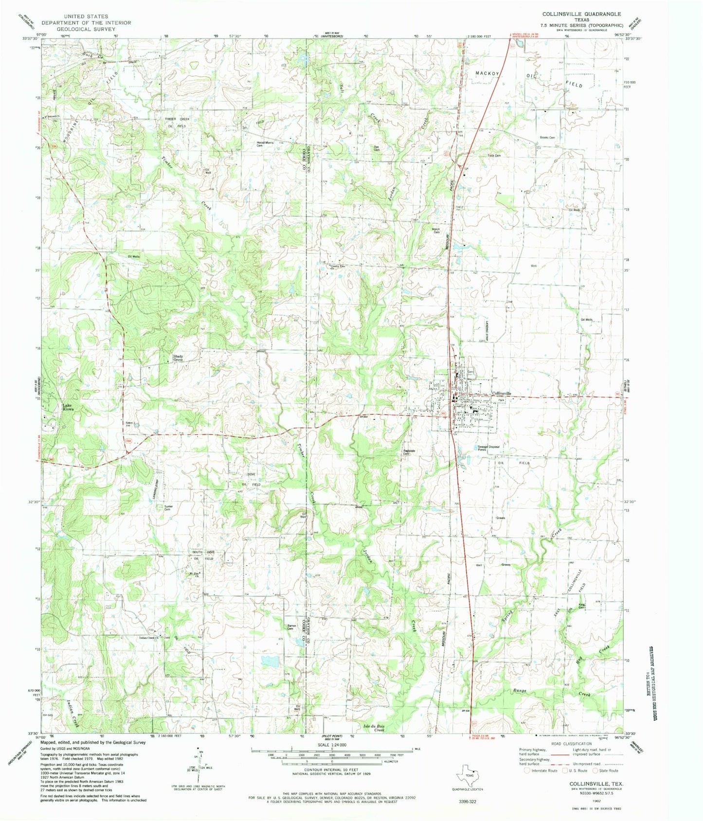 Classic USGS Collinsville Texas 7.5'x7.5' Topo Map Image