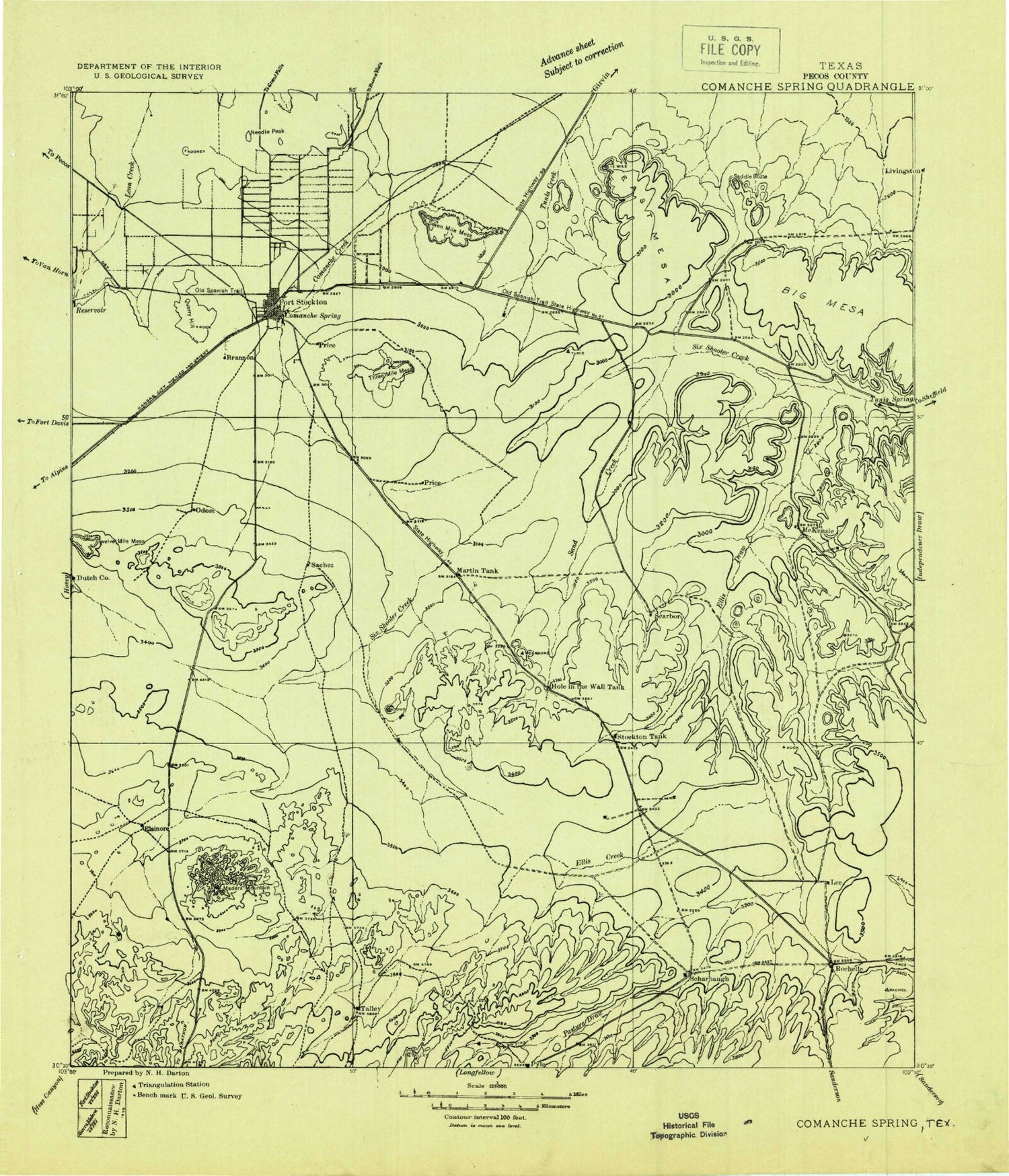 Historic 1928 Comanche Springs Texas 30'x30' Topo Map Image