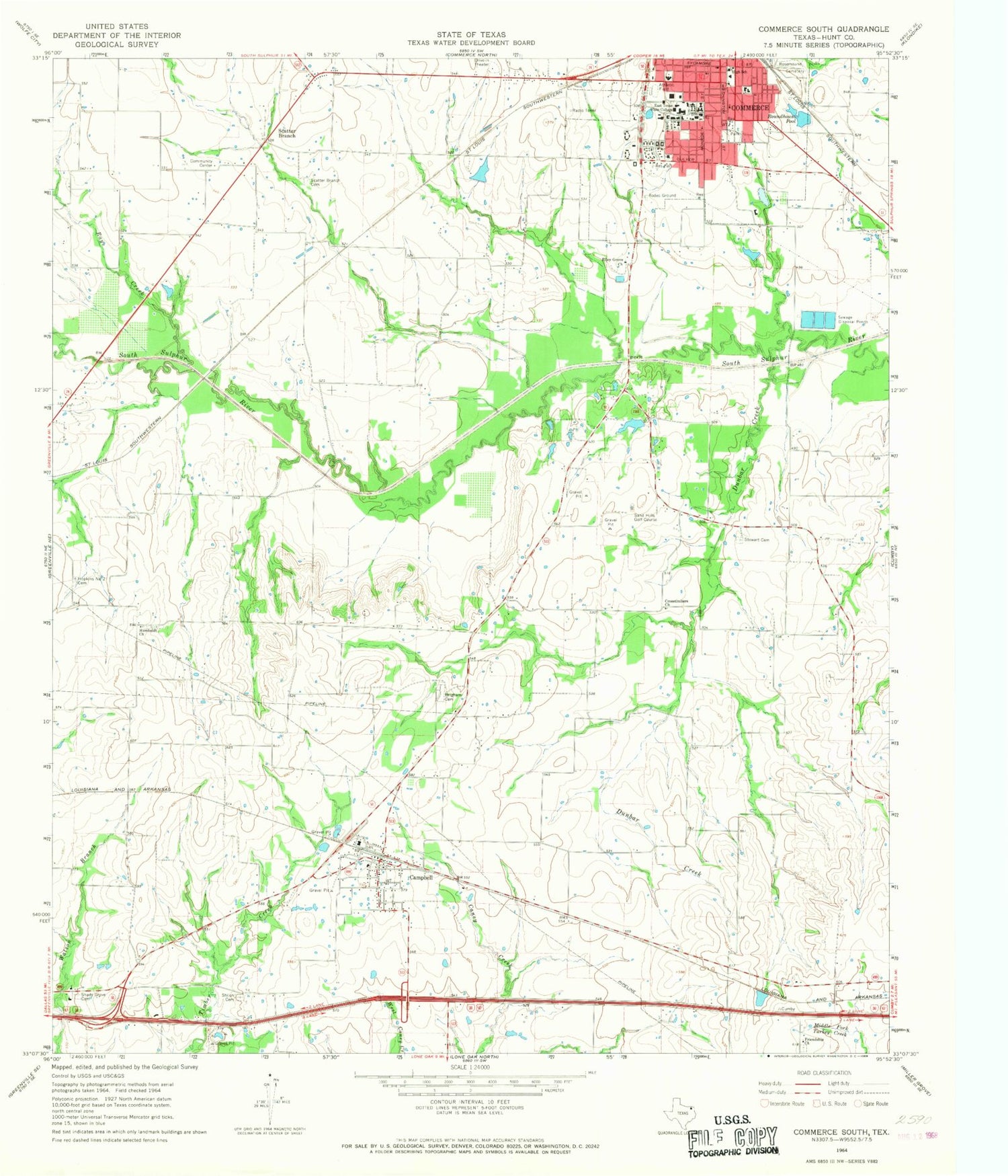 Classic USGS Commerce South Texas 7.5'x7.5' Topo Map Image