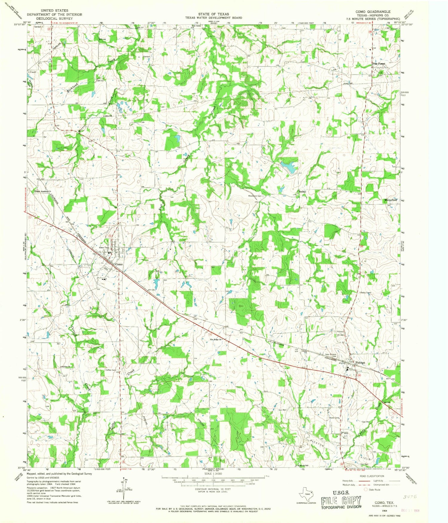 Classic USGS Como Texas 7.5'x7.5' Topo Map Image