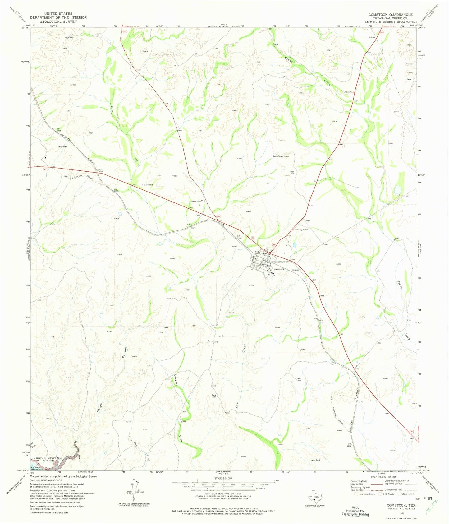 Classic USGS Comstock Texas 7.5'x7.5' Topo Map Image