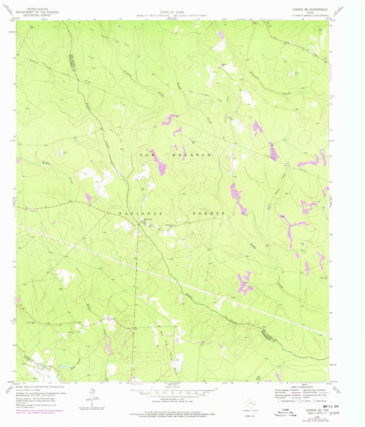 Classic USGS Conroe NE Texas 7.5'x7.5' Topo Map Image