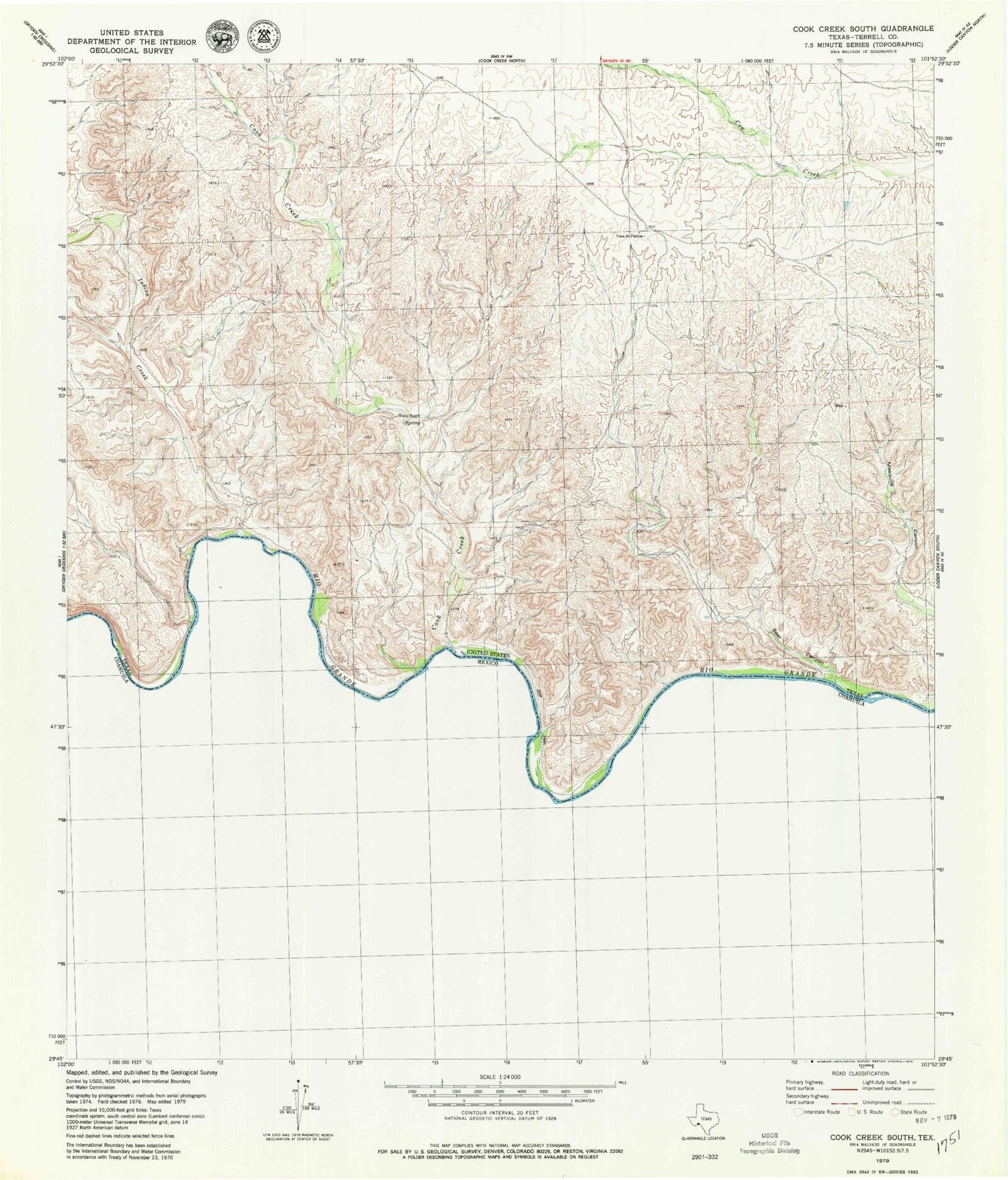 Classic USGS Cook Creek South Texas 7.5'x7.5' Topo Map Image