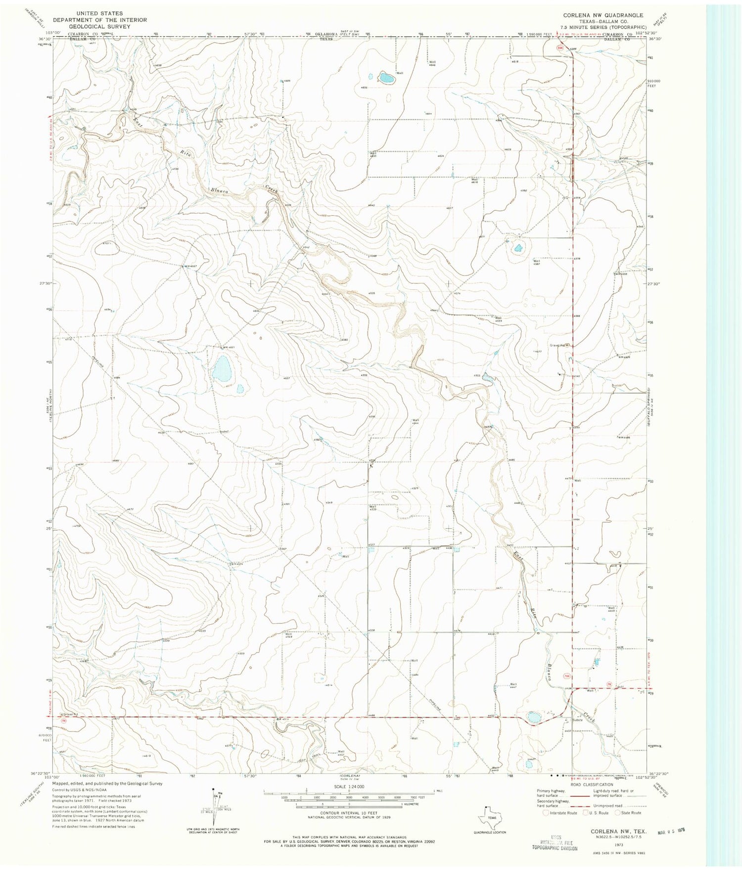 Classic USGS Corlena NW Texas 7.5'x7.5' Topo Map Image