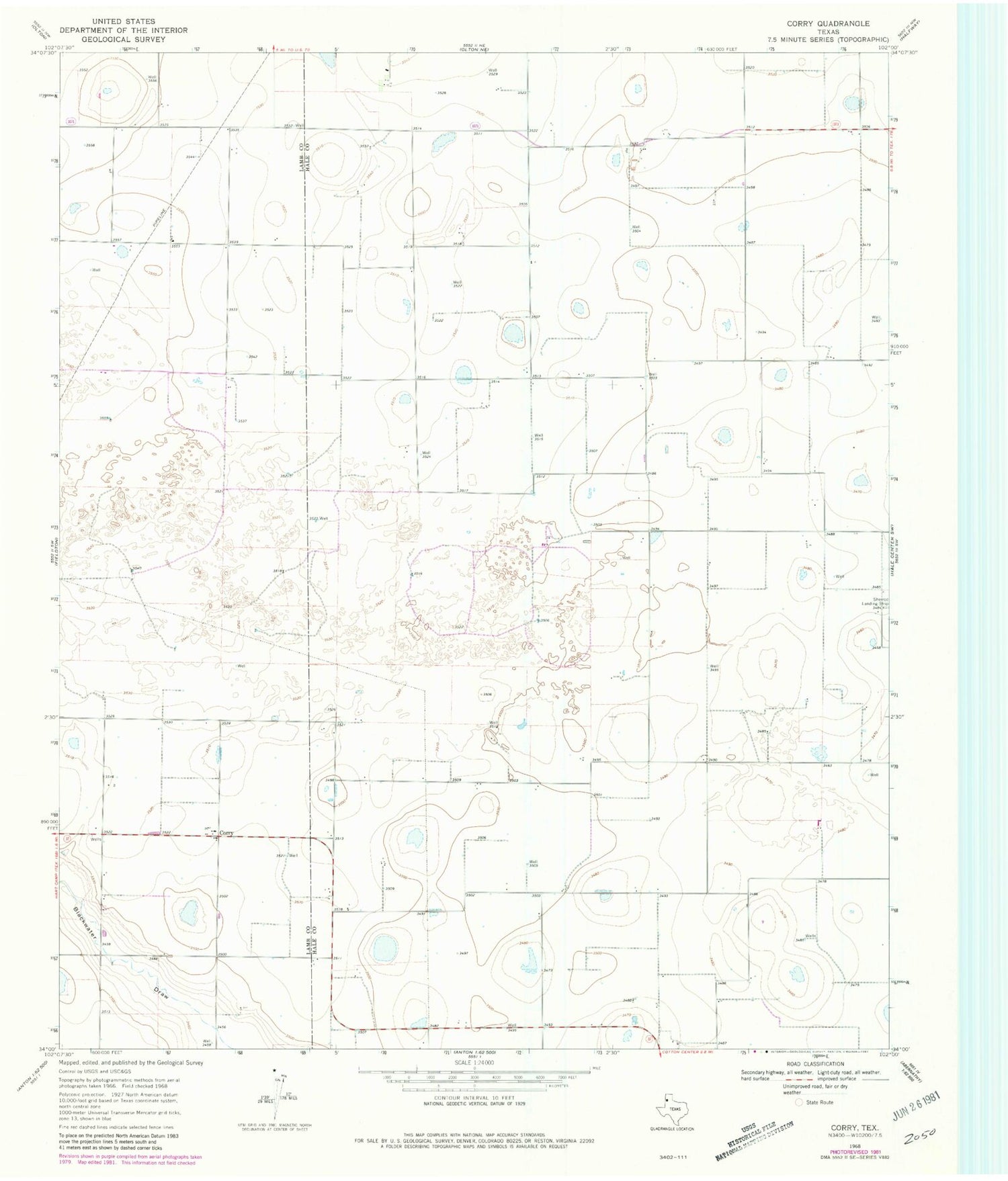 Classic USGS Corry Texas 7.5'x7.5' Topo Map Image
