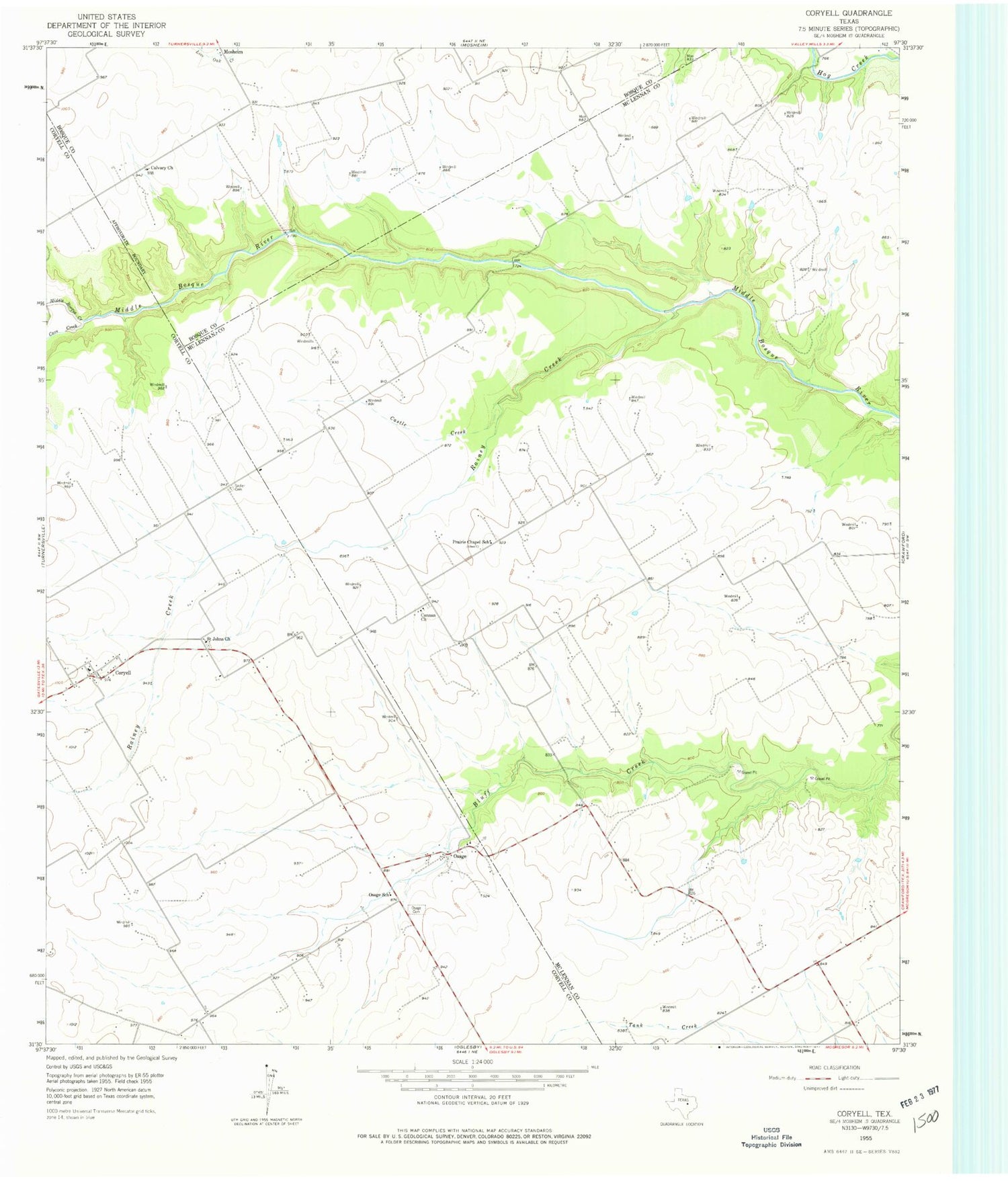 Classic USGS Coryell Texas 7.5'x7.5' Topo Map Image