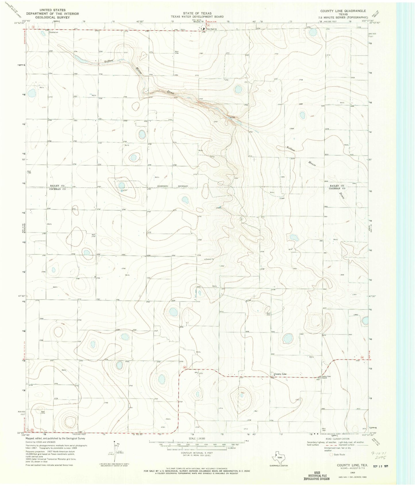 Classic USGS County Line Texas 7.5'x7.5' Topo Map Image