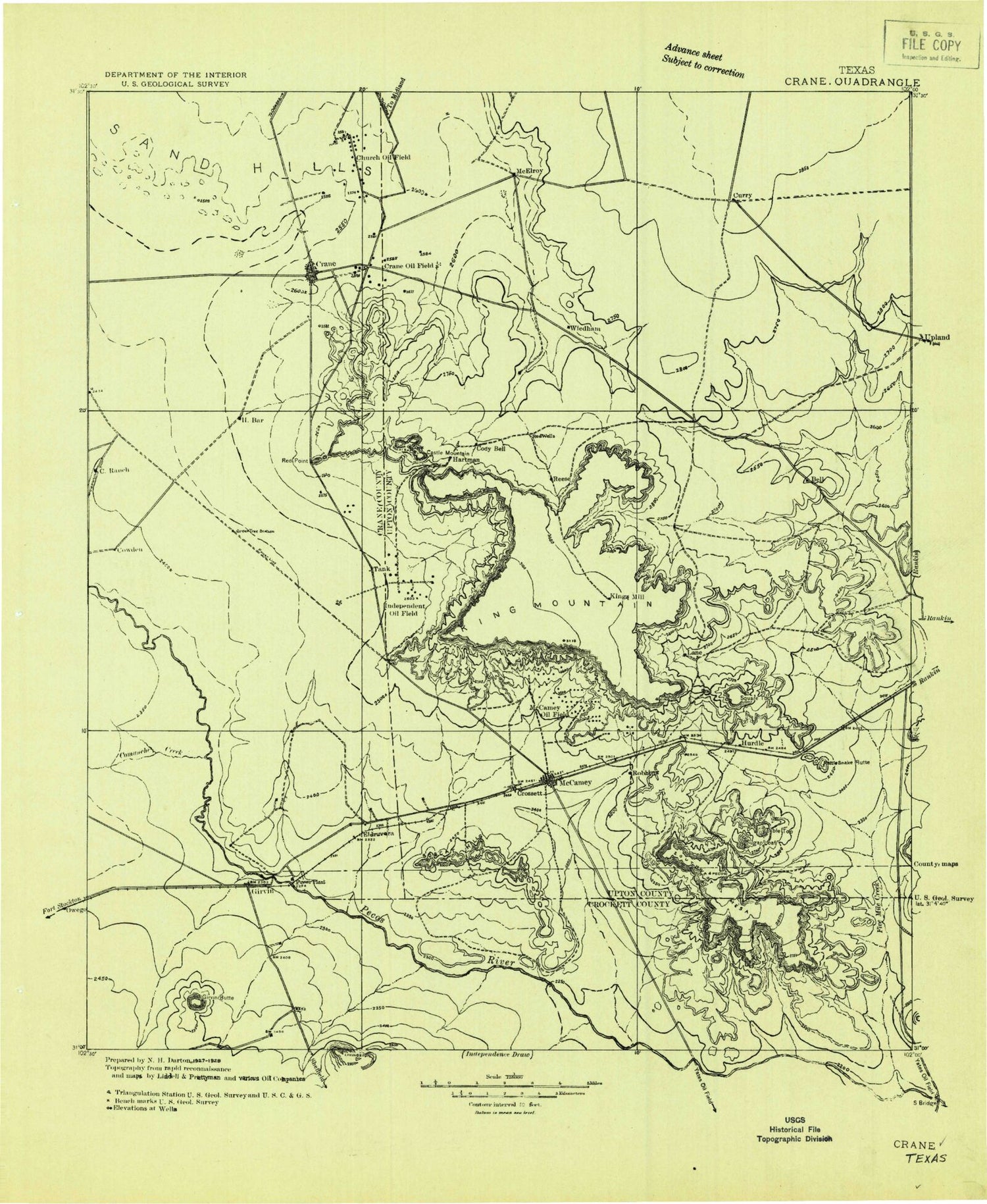 Historic 1928 Crane Texas 30'x30' Topo Map Image