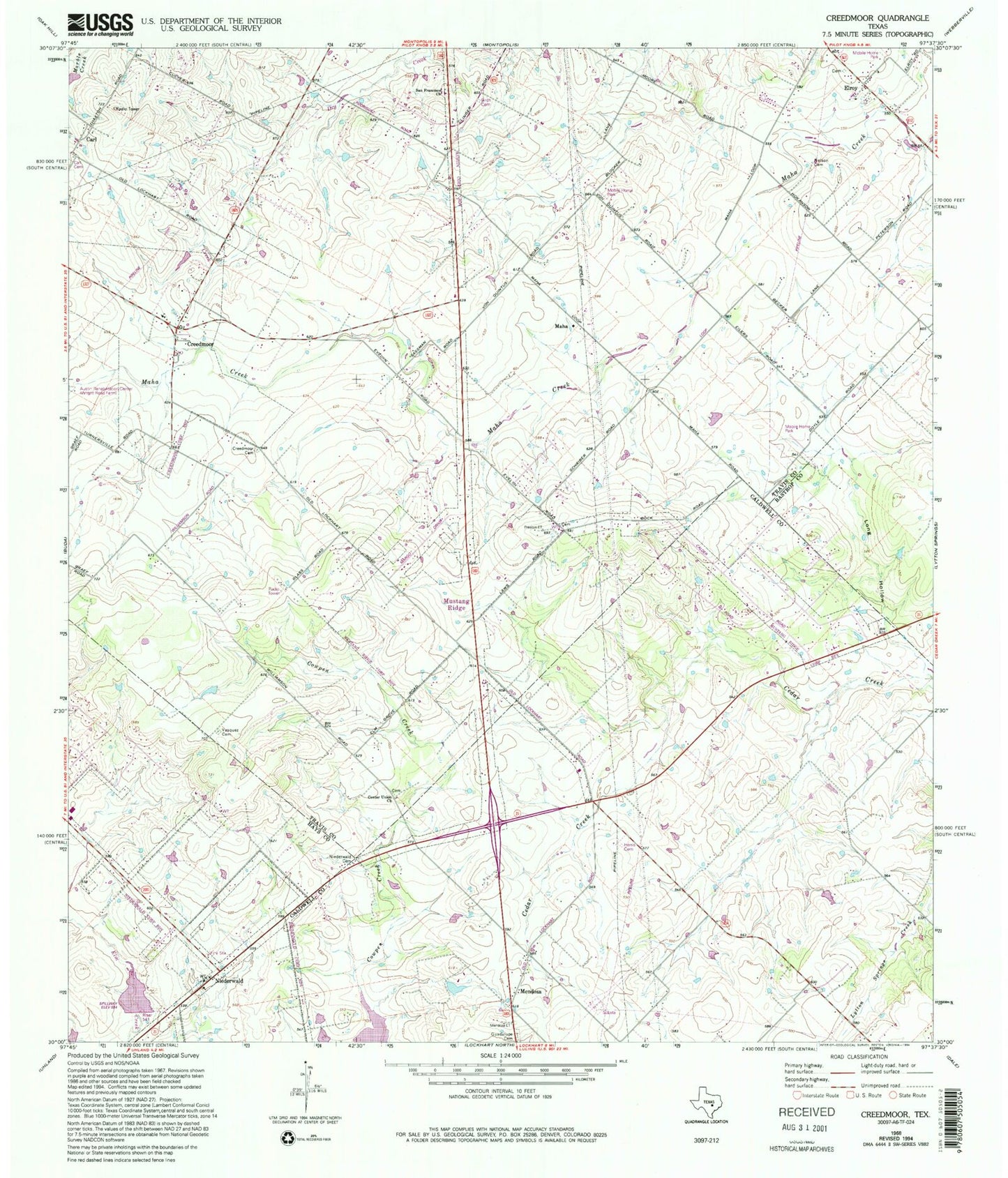 Classic USGS Creedmoor Texas 7.5'x7.5' Topo Map Image