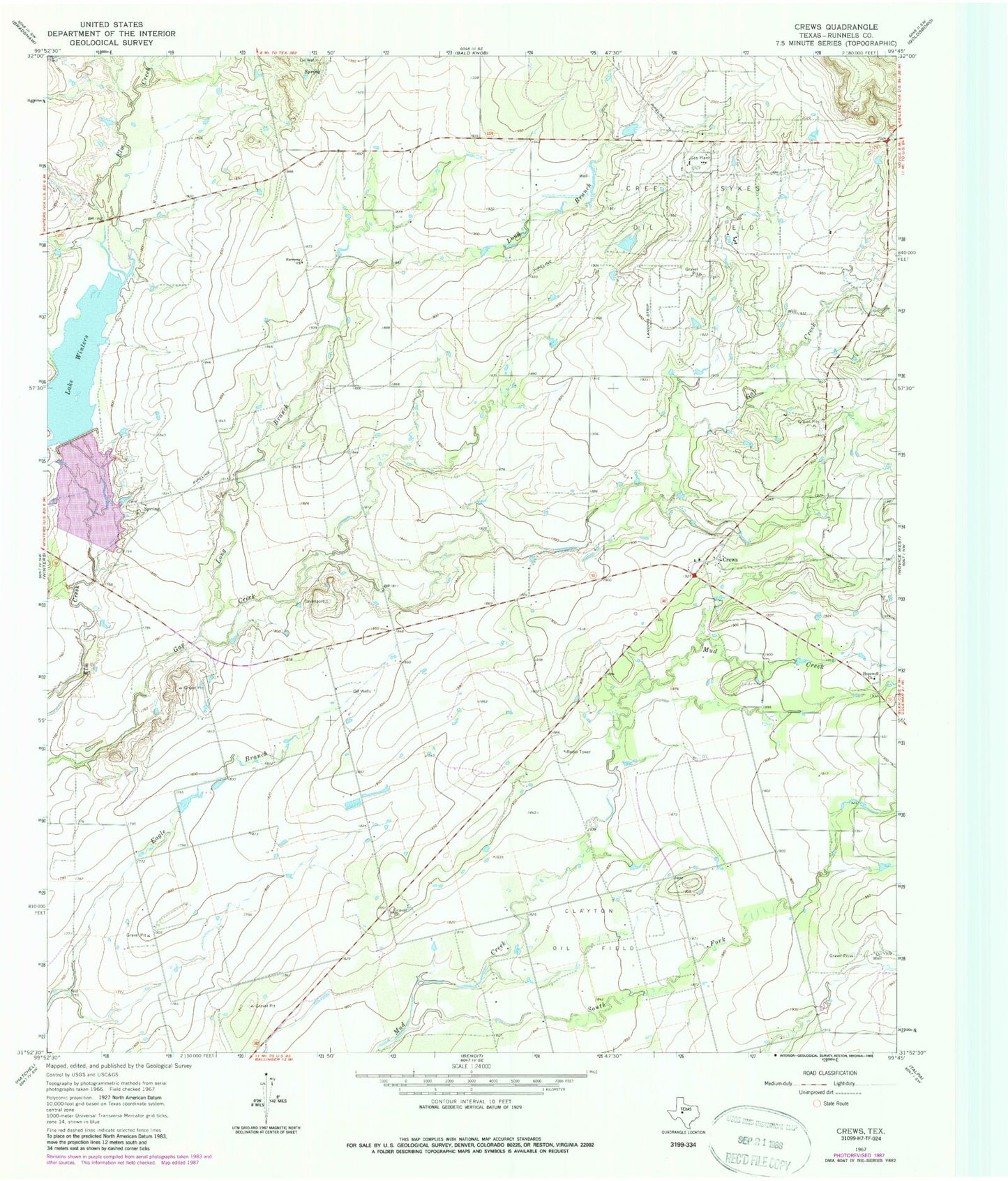 Classic USGS Crews Texas 7.5'x7.5' Topo Map Image
