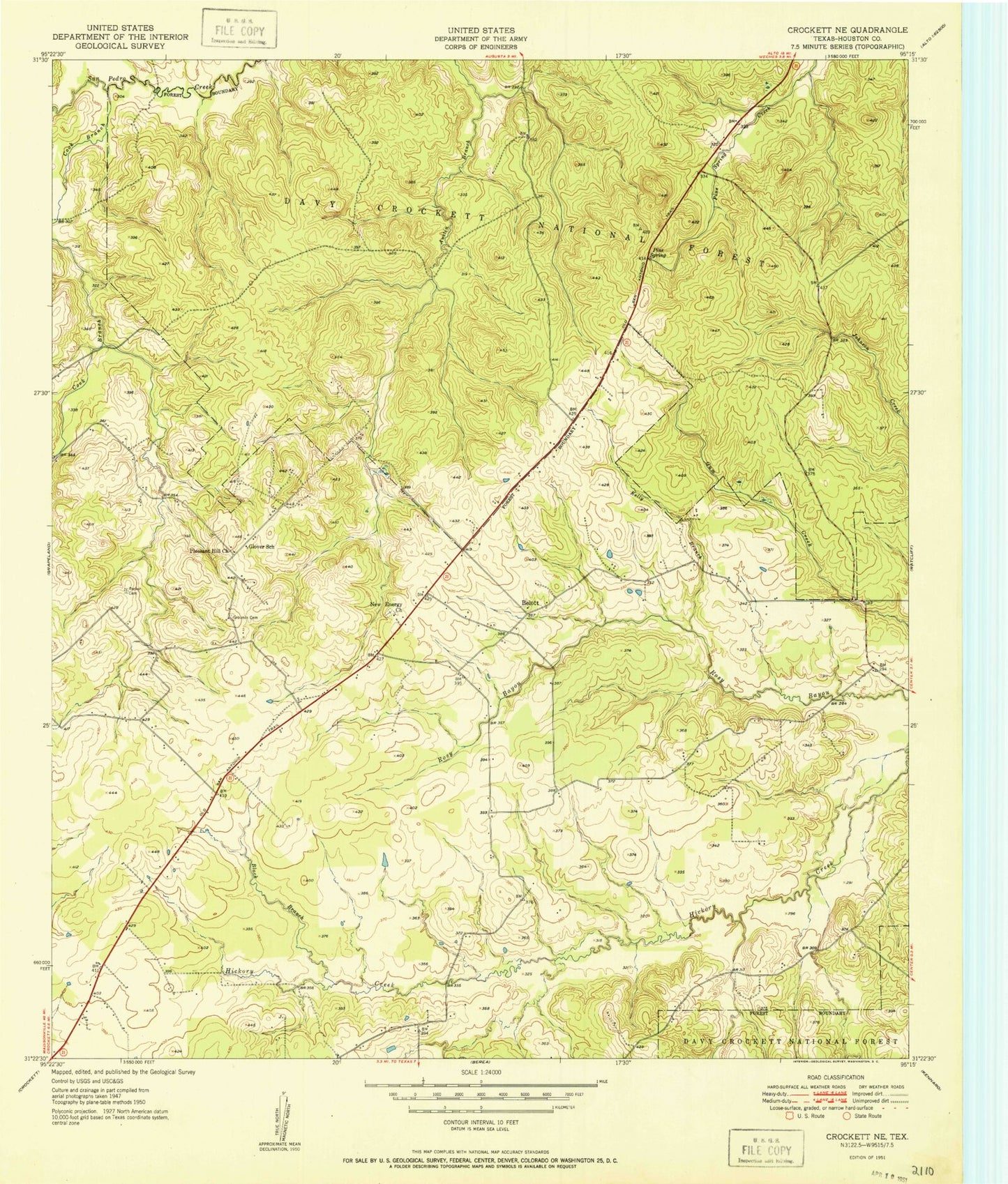 Classic USGS Crockett NE Texas 7.5'x7.5' Topo Map Image