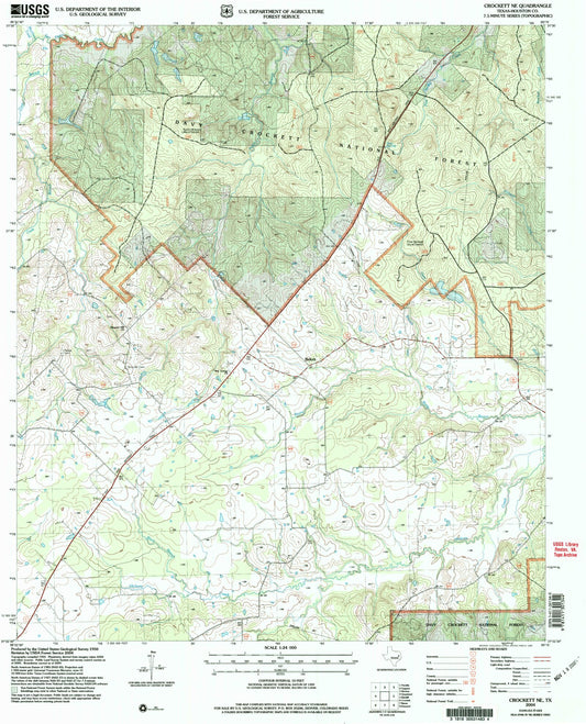 Classic USGS Crockett NE Texas 7.5'x7.5' Topo Map Image