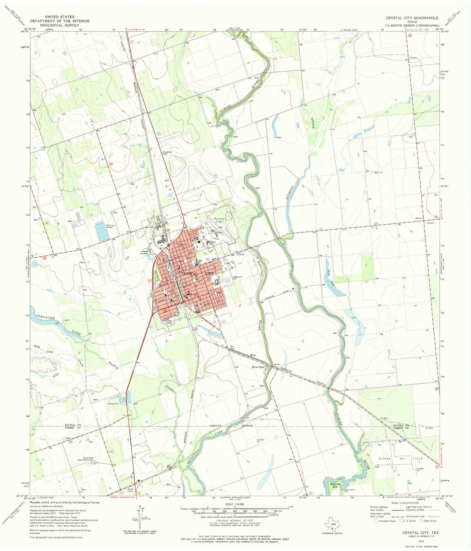 Classic USGS Crystal City Texas 7.5'x7.5' Topo Map Image